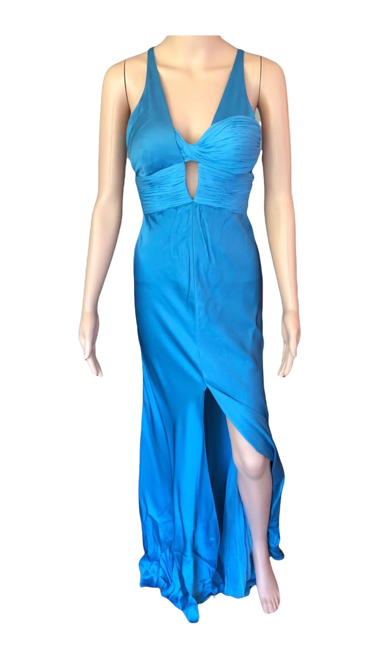 Blaues Laufsteg-Kleid mit offenem Rücken und hohem Schlitz aus Bustier von Versace im Angebot 6