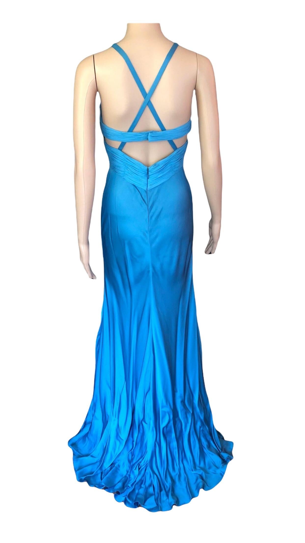 Blaues Laufsteg-Kleid mit offenem Rücken und hohem Schlitz aus Bustier von Versace im Angebot 8