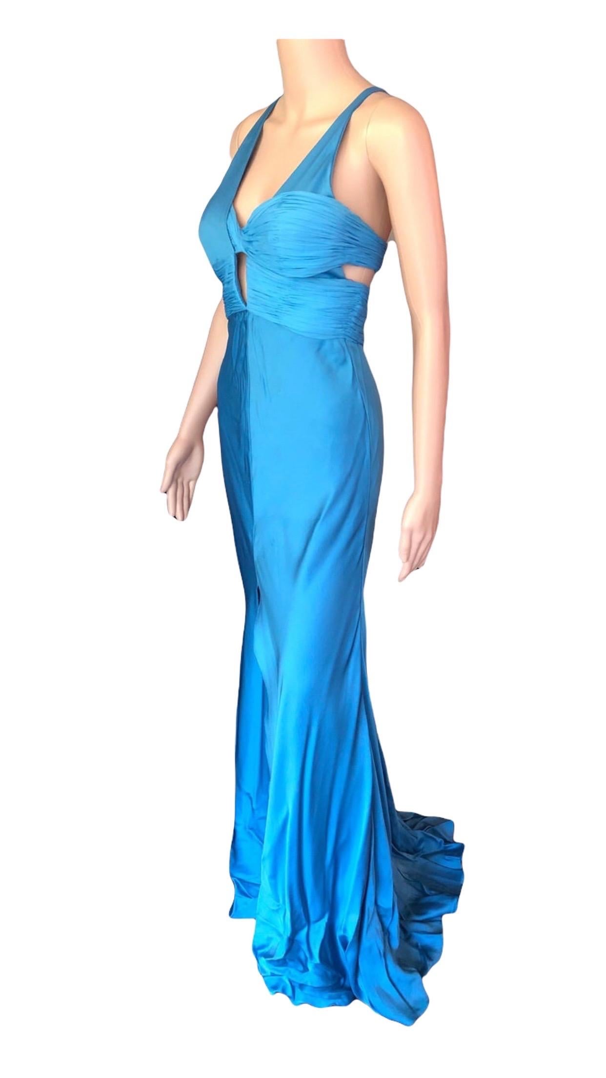 Blaues Laufsteg-Kleid mit offenem Rücken und hohem Schlitz aus Bustier von Versace im Angebot 7