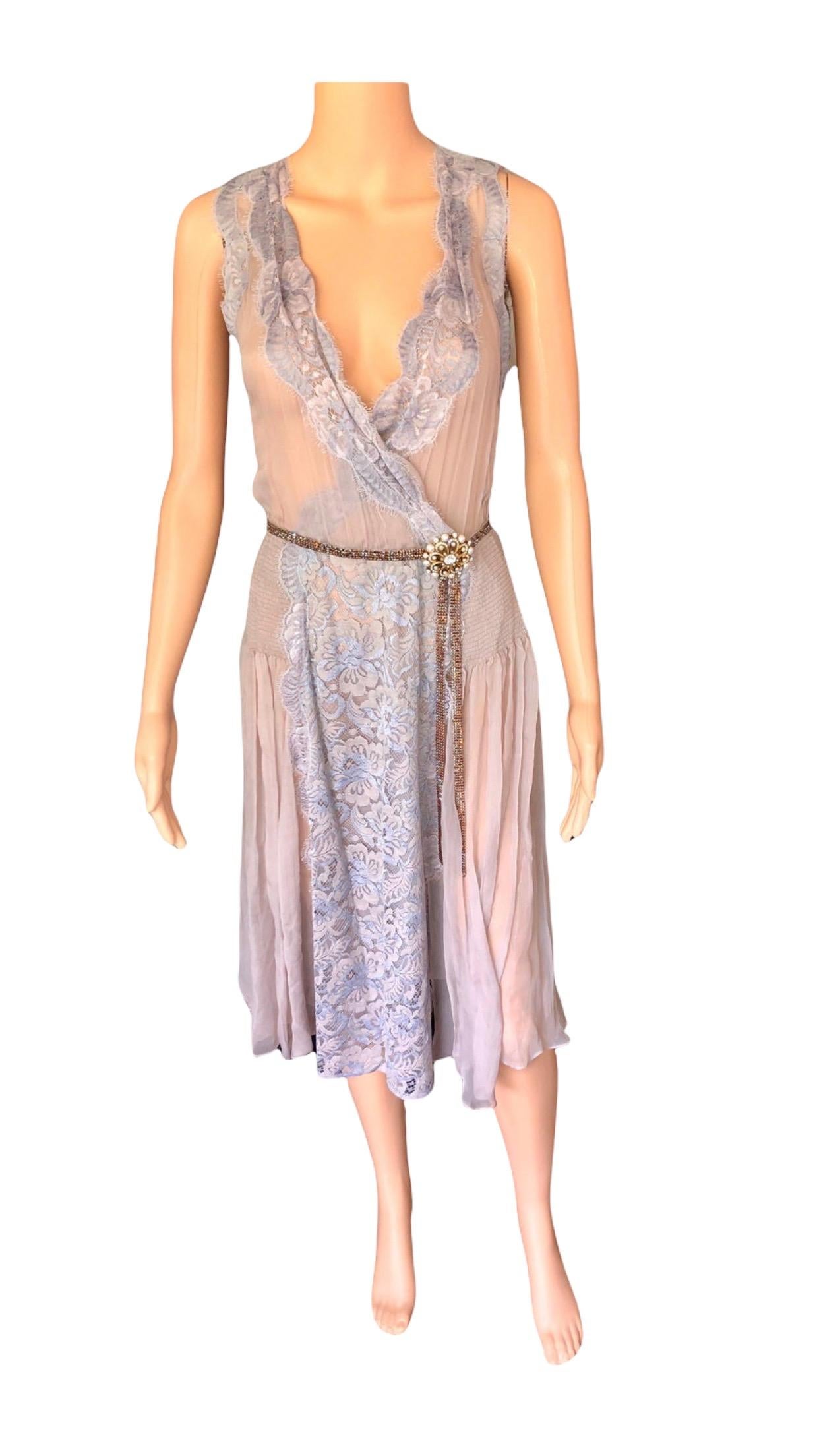 New Dolce & Gabbana S/S 2004 Sheer Embellished Crystal Belt Lace Silk Dress For Sale 3