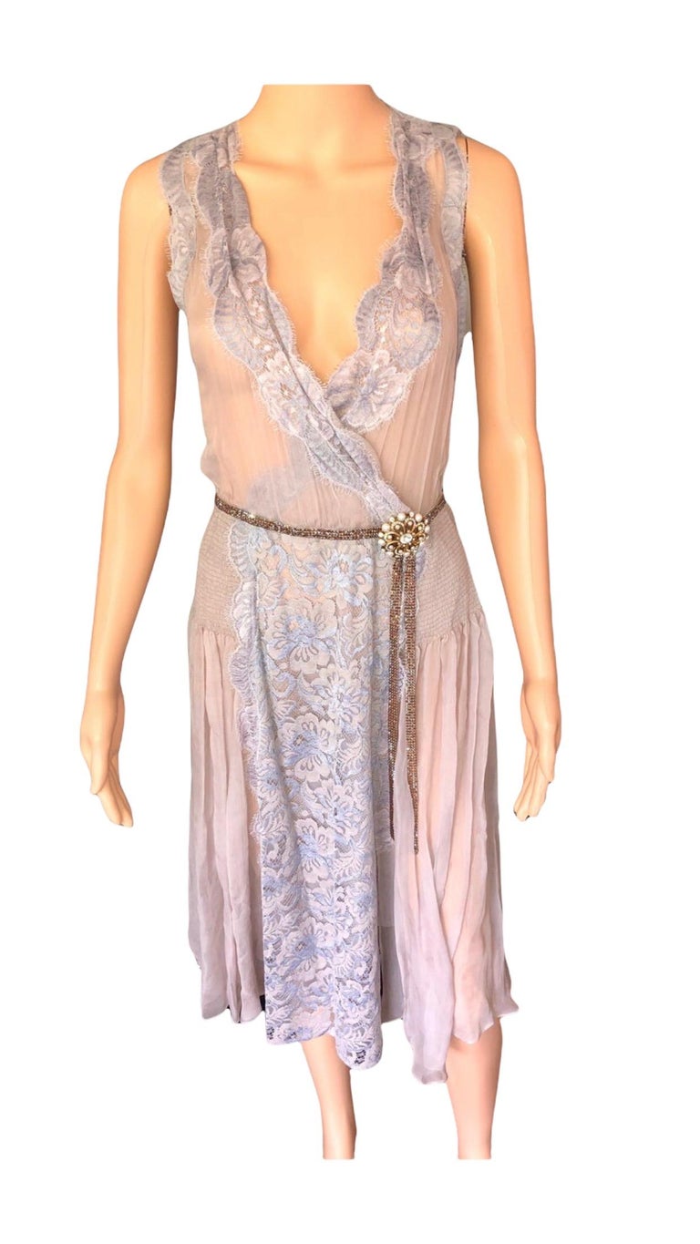 New Dolce & Gabbana S/S 2004 Sheer Embellished Crystal Belt Lace Silk Dress For Sale 7