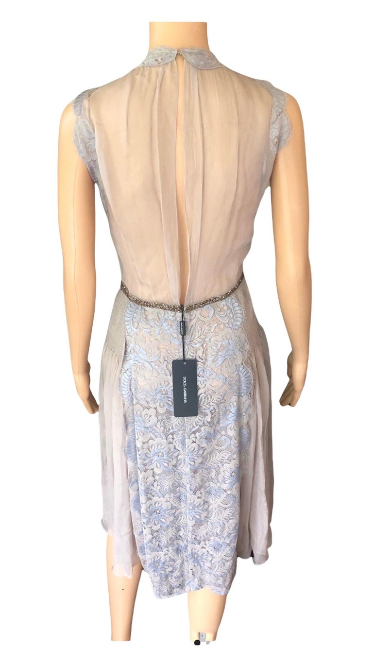 New Dolce & Gabbana S/S 2004 Sheer Embellished Crystal Belt Lace Silk Dress For Sale 9