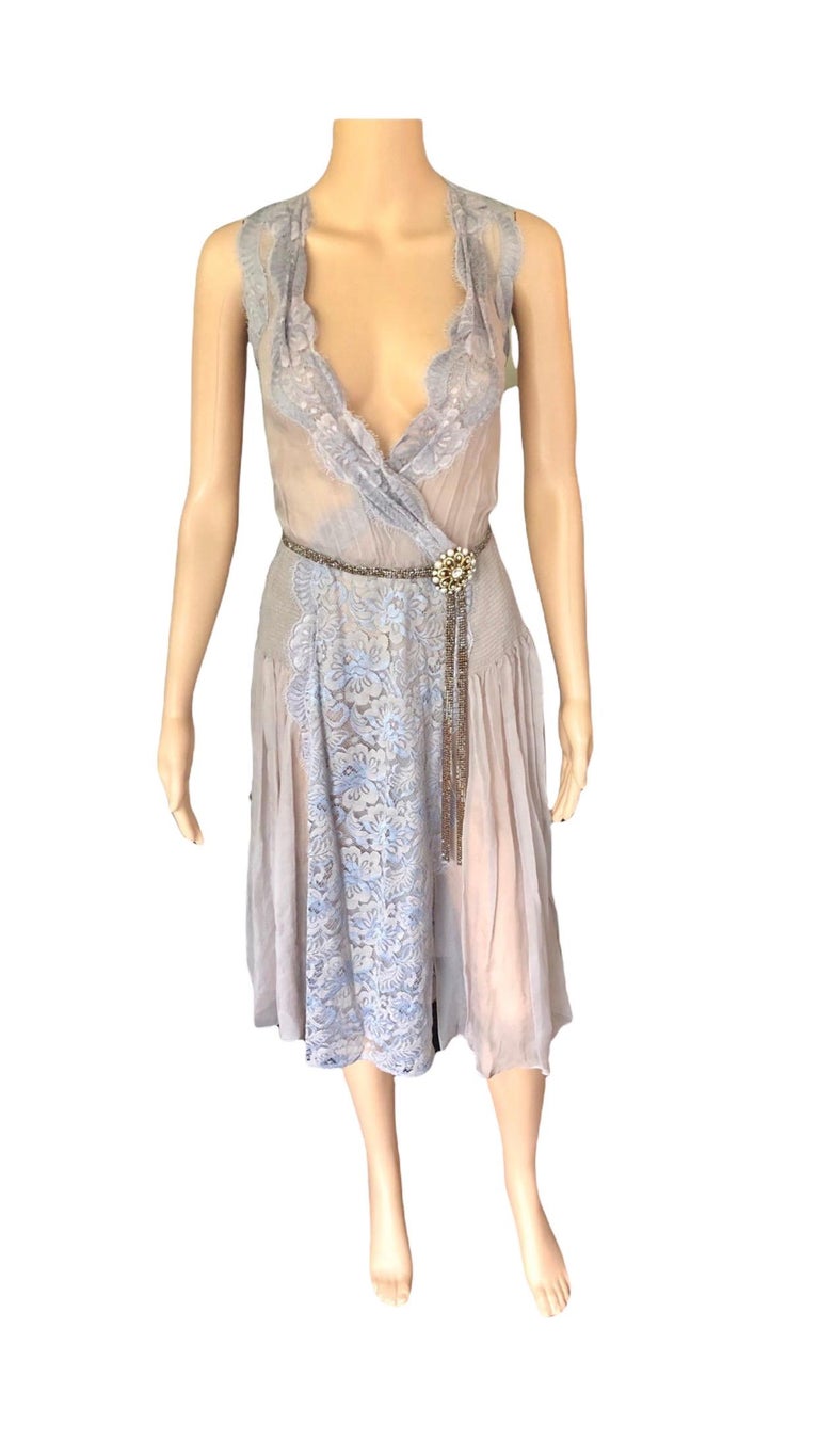 New Dolce & Gabbana S/S 2004 Sheer Embellished Crystal Belt Lace Silk Dress For Sale 10