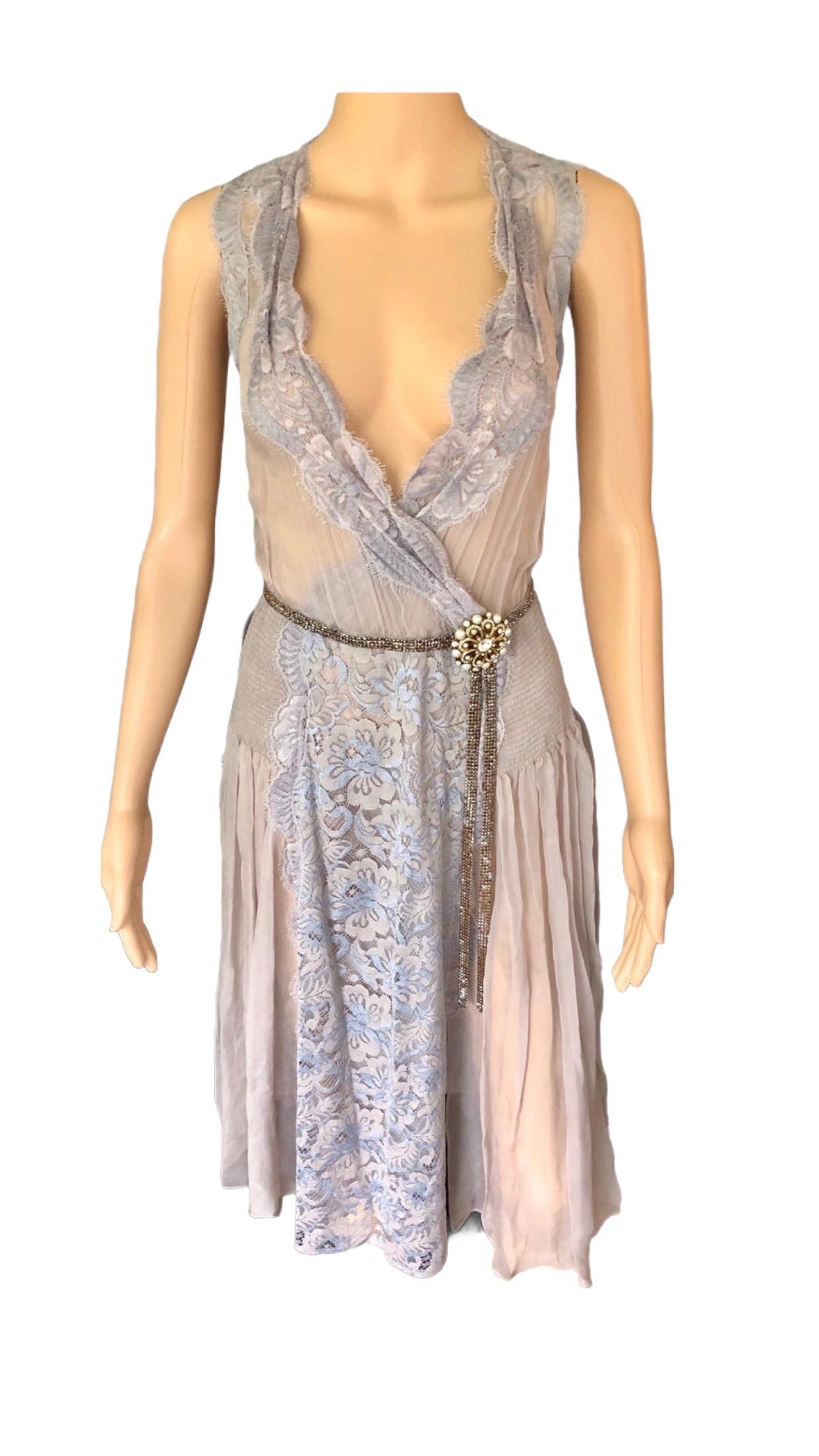 New Dolce & Gabbana S/S 2004 Sheer Embellished Crystal Belt Lace Silk Dress 8