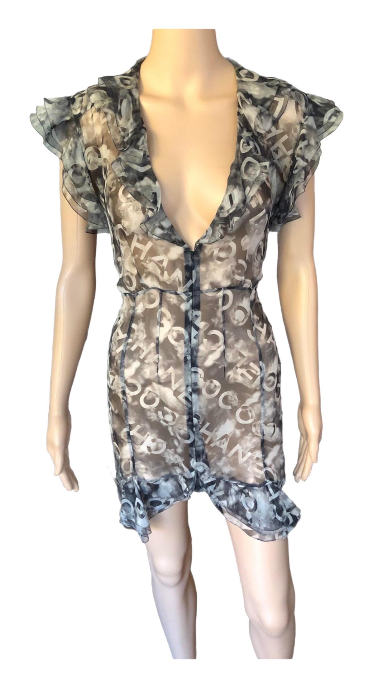Chanel S/S 2002 Logo Monogram Sheer Plunging Silk Tunic Dress For Sale 2