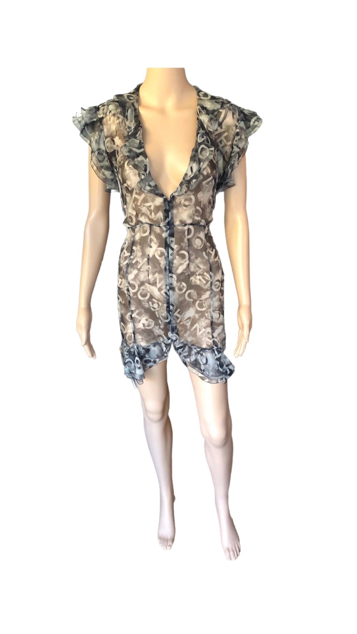 Chanel S/S 2002 Logo Monogram Sheer Plunging Silk Tunic Dress For Sale 3