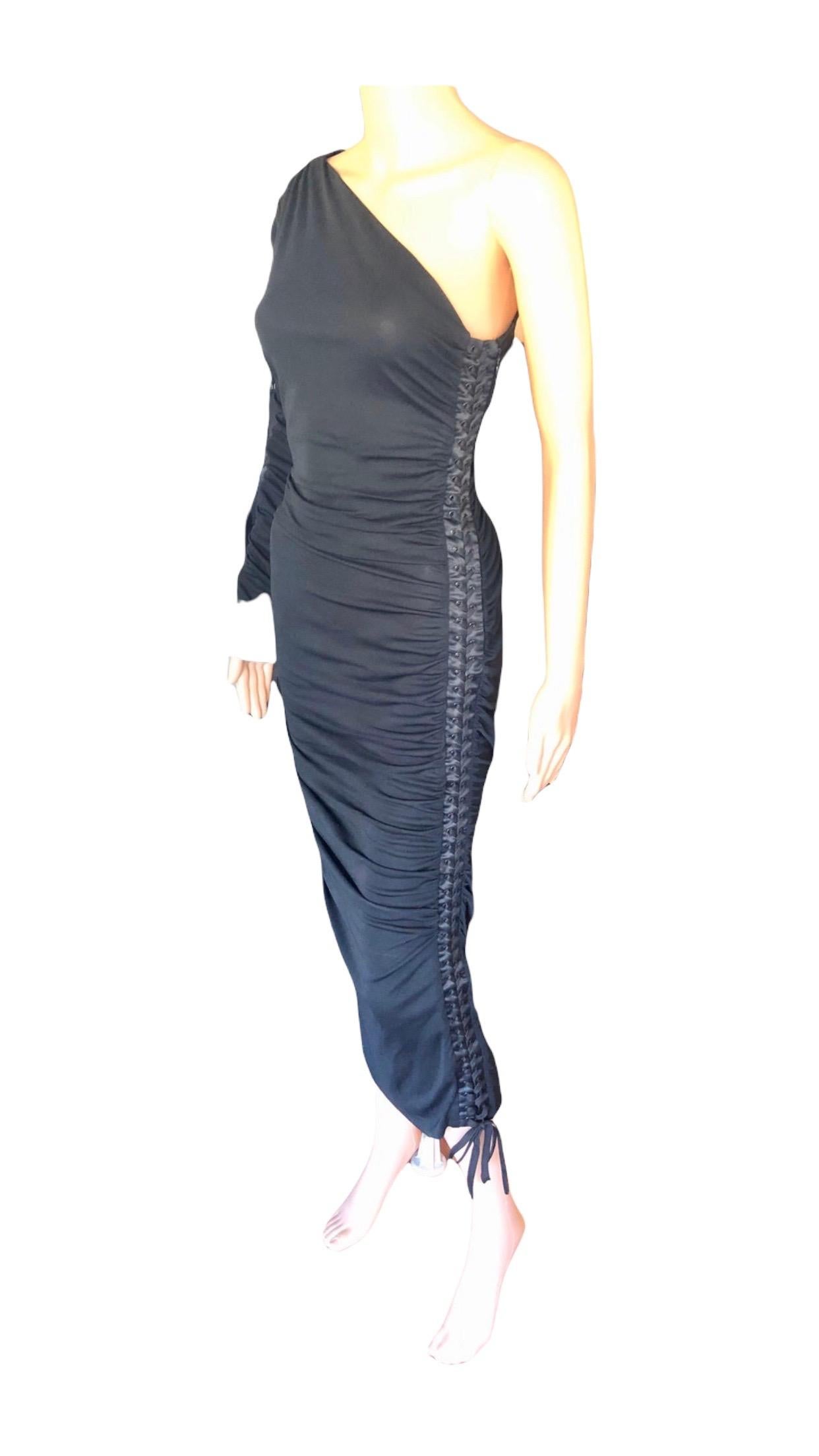 Dolce & Gabbana c. 2001 Semi-Sheer One Shoulder Corset Lace Up Ties Black Dress 2