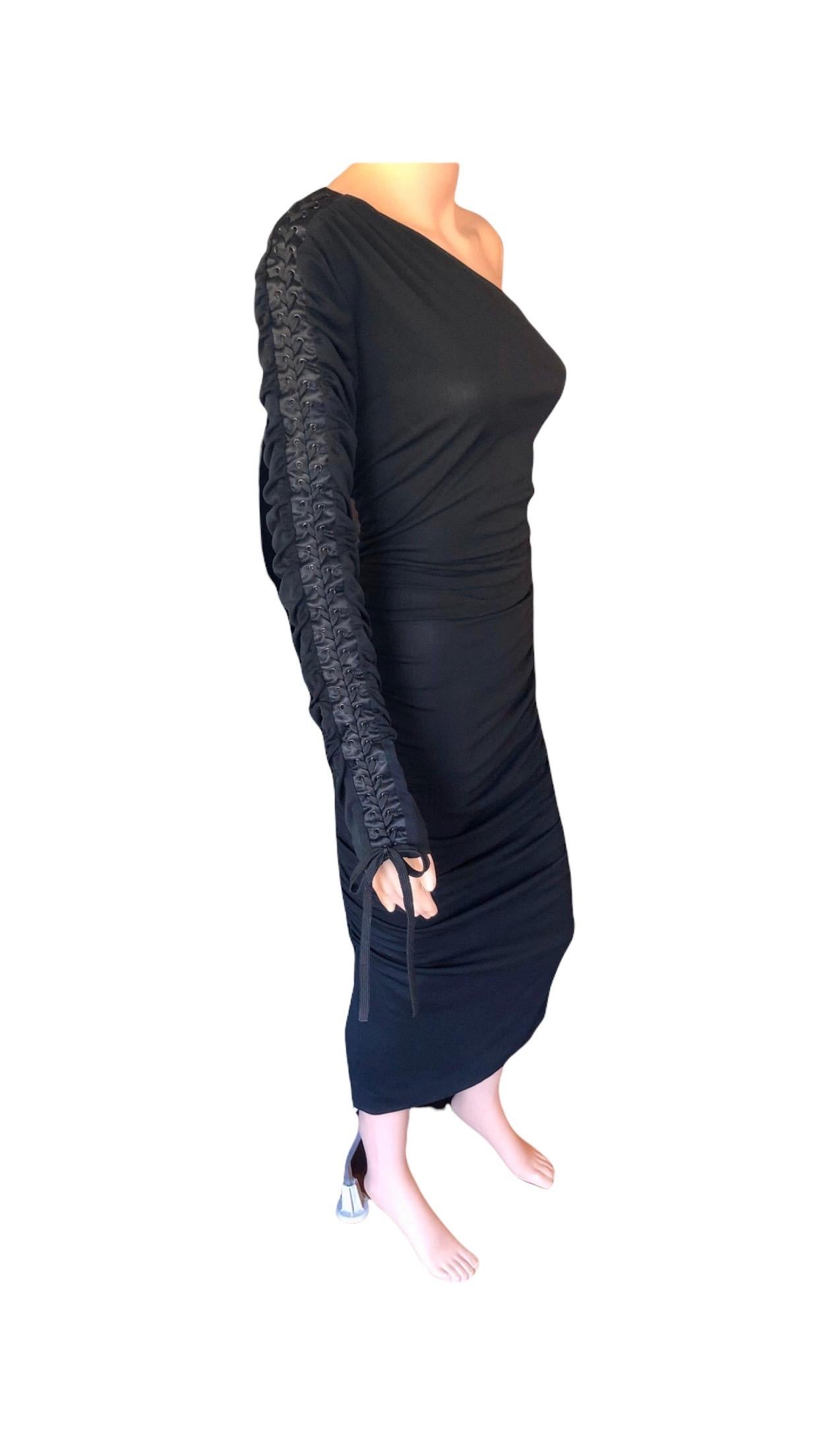 Dolce & Gabbana c. 2001 Semi-Sheer One Shoulder Corset Lace Up Ties Black Dress 5