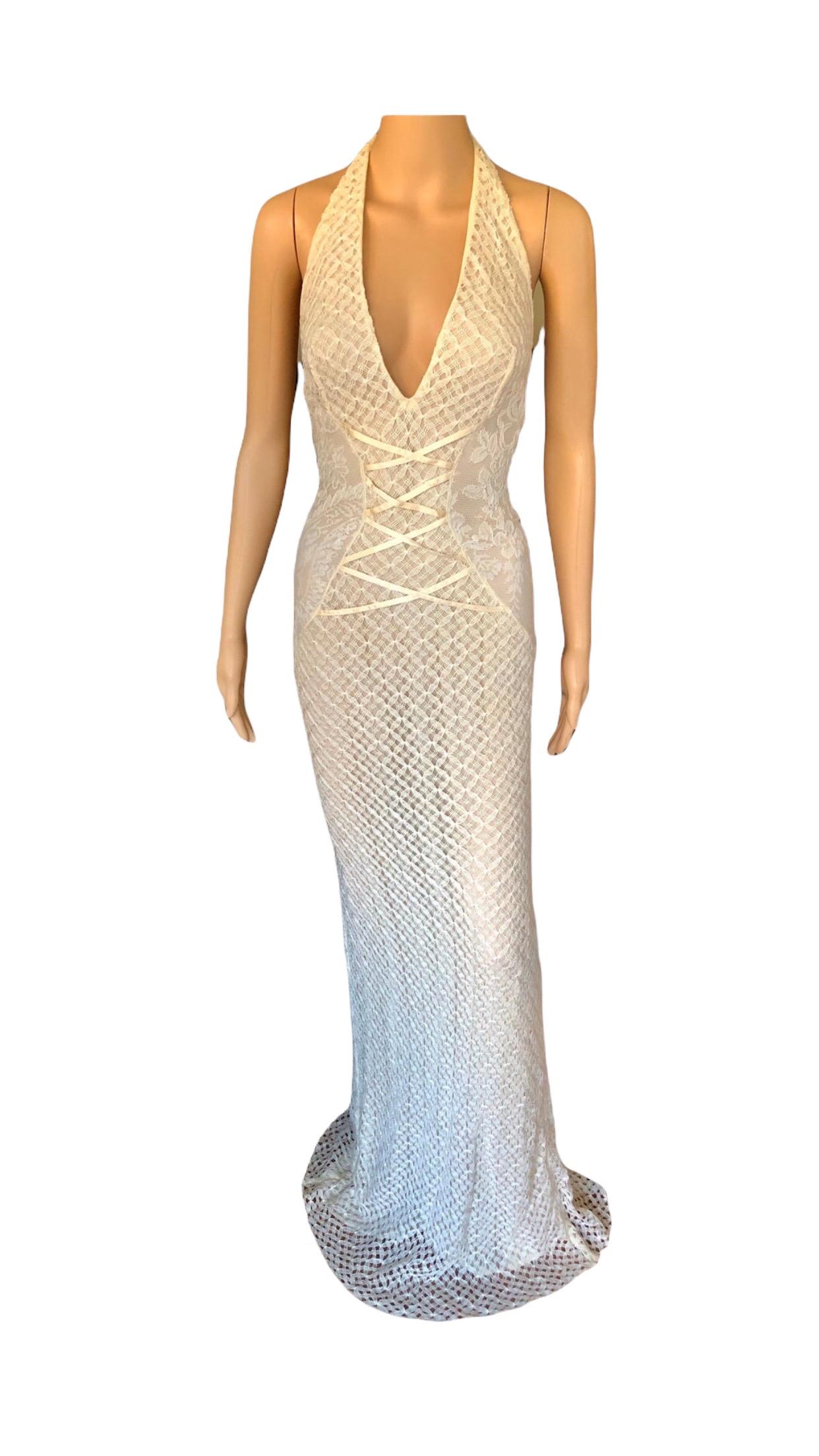 NWT Gianni Versace S/S 2002 Plunging Backless Semi Sheer Lace Ivory Dress Gown 4