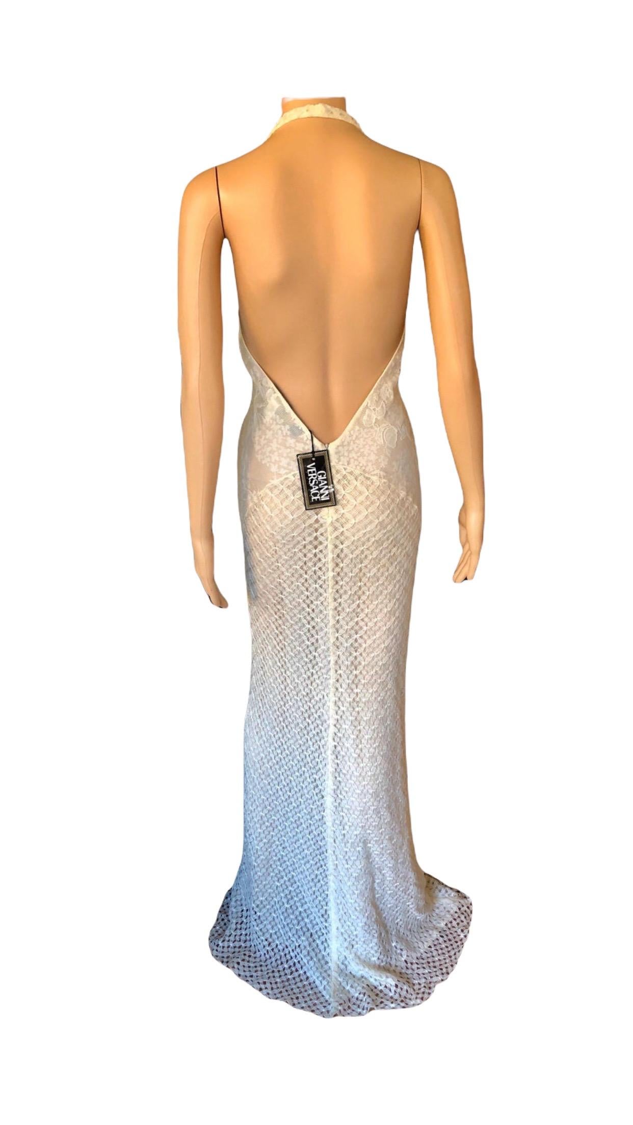NWT Gianni Versace S/S 2002 Plunging Backless Semi Sheer Lace Ivory Dress Gown For Sale 3