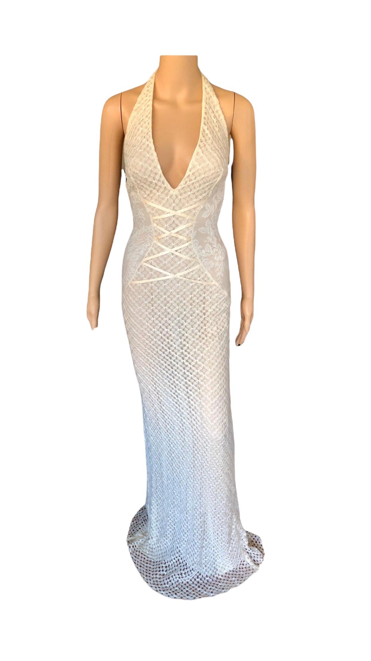 NWT Gianni Versace S/S 2002 Plunging Backless Semi Sheer Lace Ivory Dress Gown 6