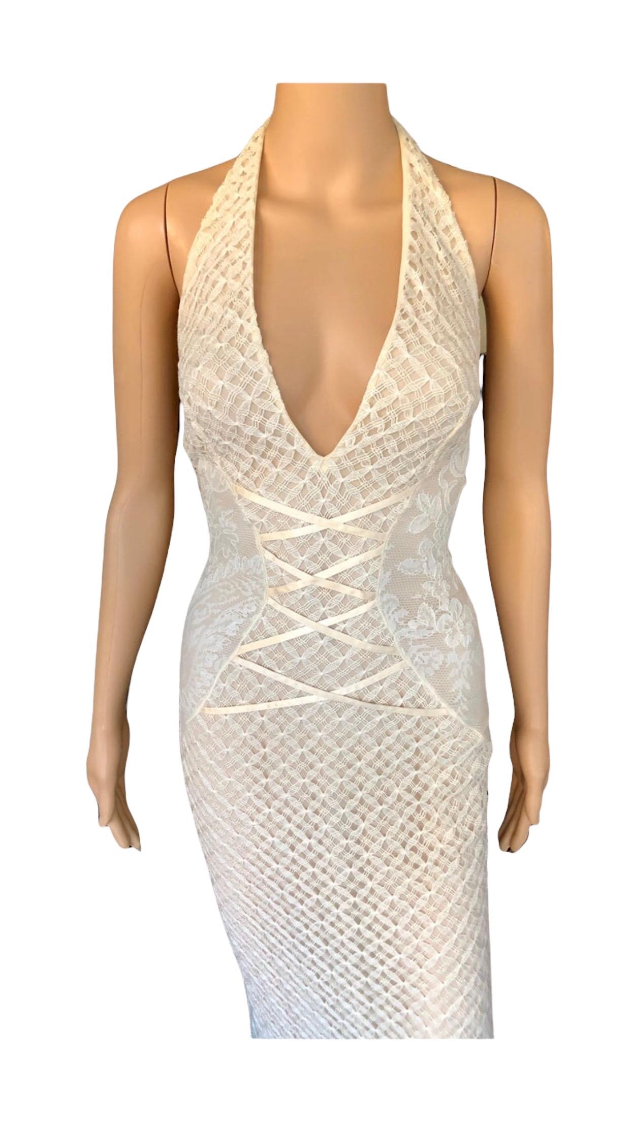 NWT Gianni Versace S/S 2002 Plunging Backless Semi Sheer Lace Ivory Dress Gown 5