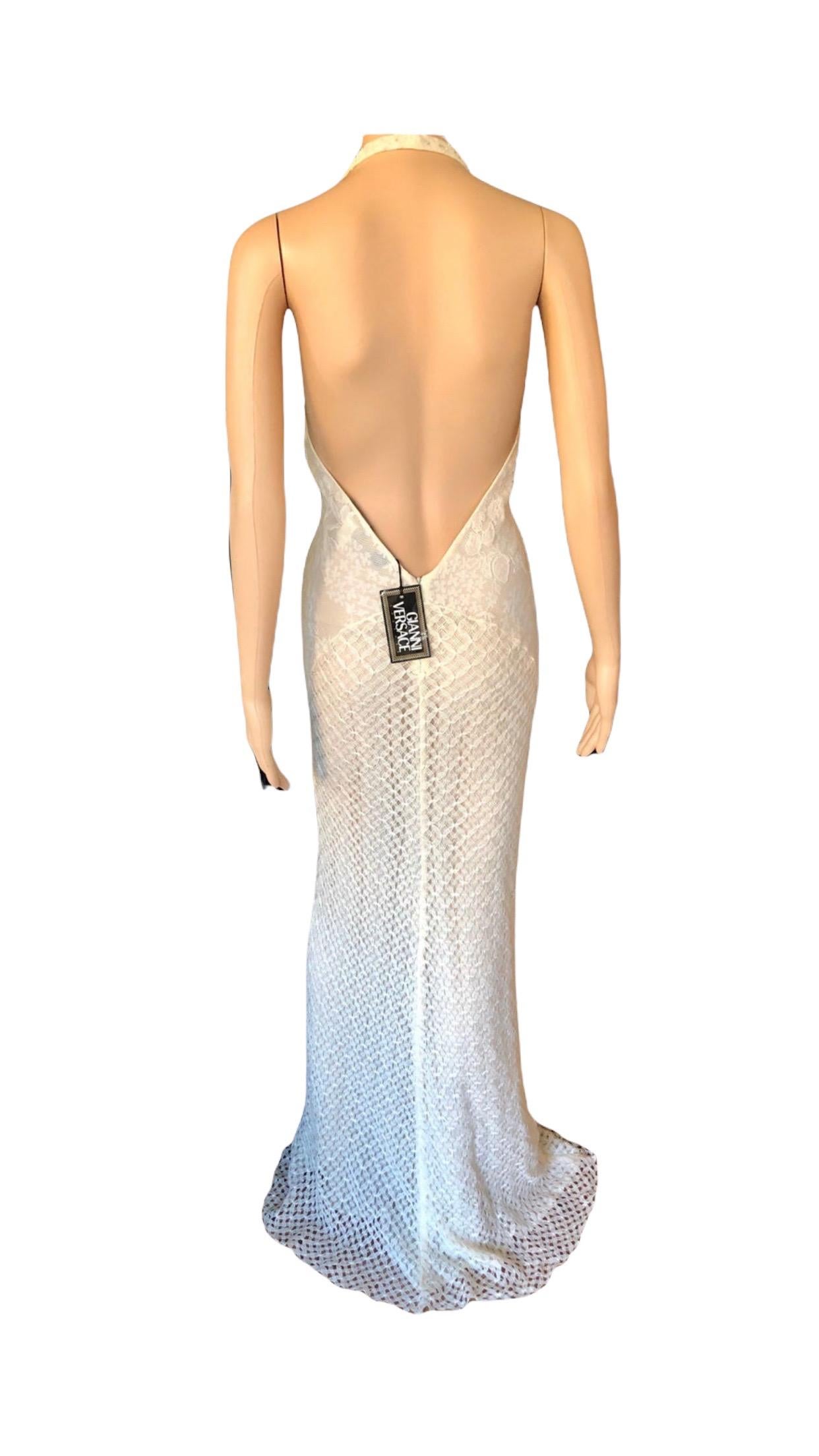 NWT Gianni Versace S/S 2002 Plunging Backless Semi Sheer Lace Ivory Dress Gown For Sale 7