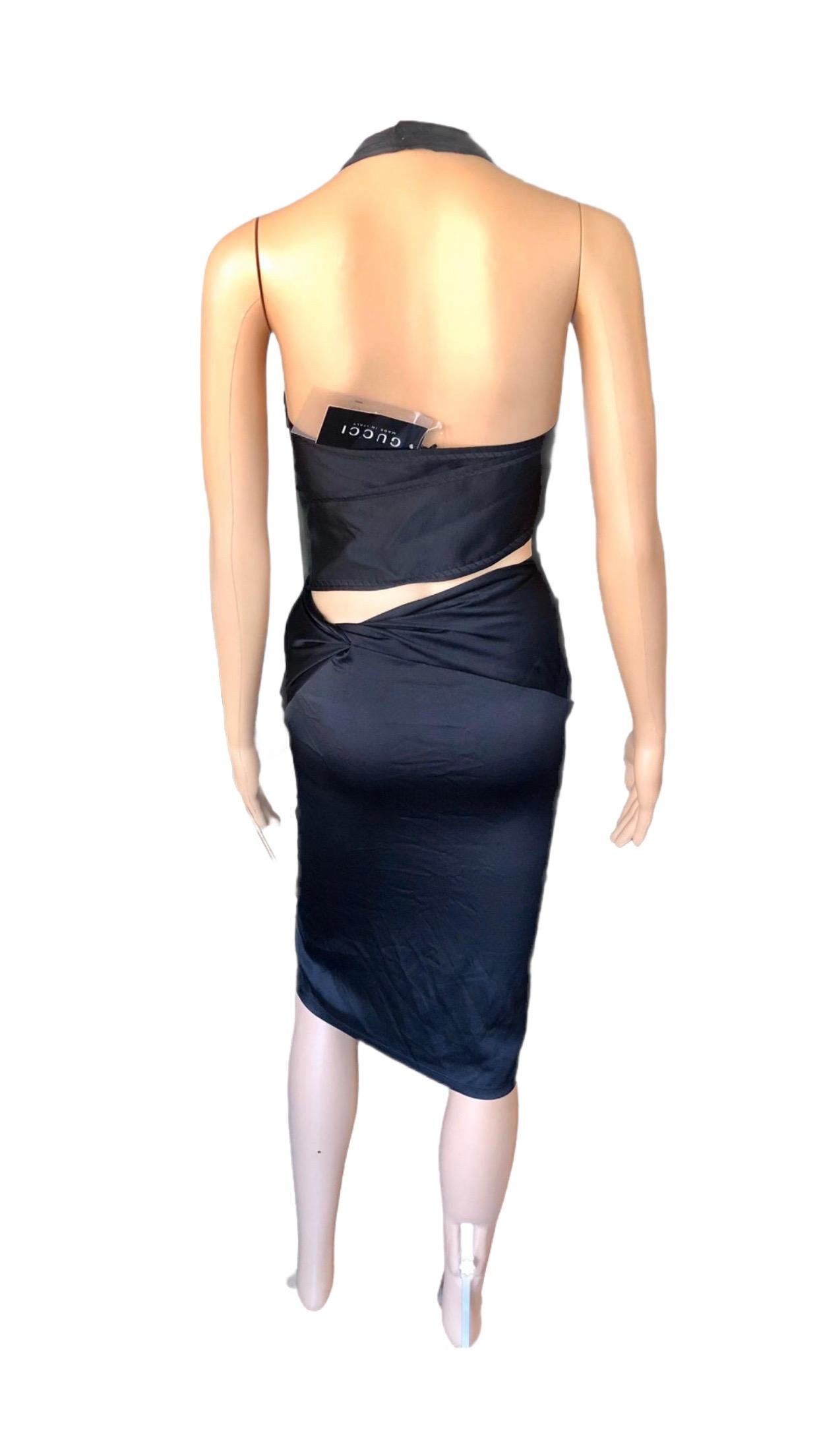 NWT Gucci S/S 2005 Plunging Halter Cutout Back Silk Black Dress For Sale 2