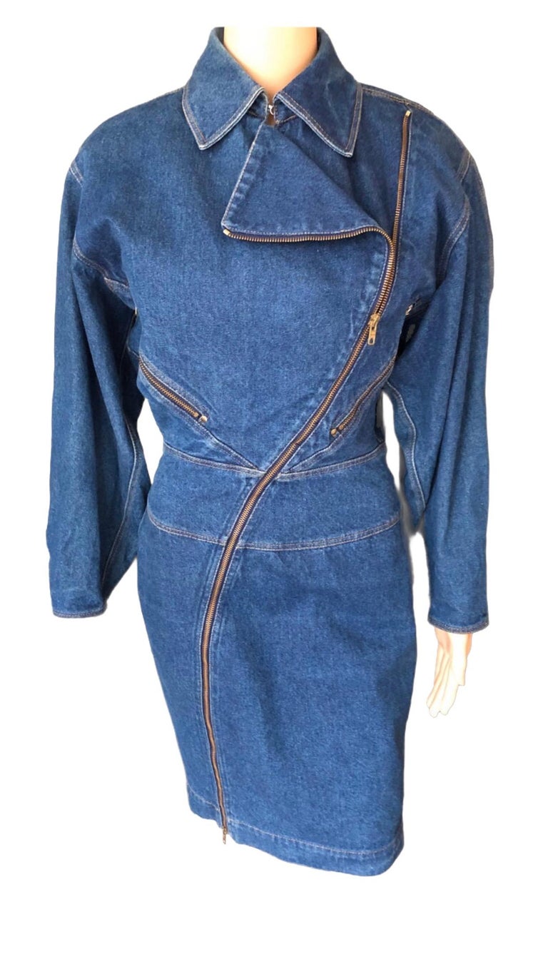 Azzedine Alaia 1980's Vintage Motorcycle Zipper Denim Coat Dress For Sale  at 1stDibs | zipper denim dress