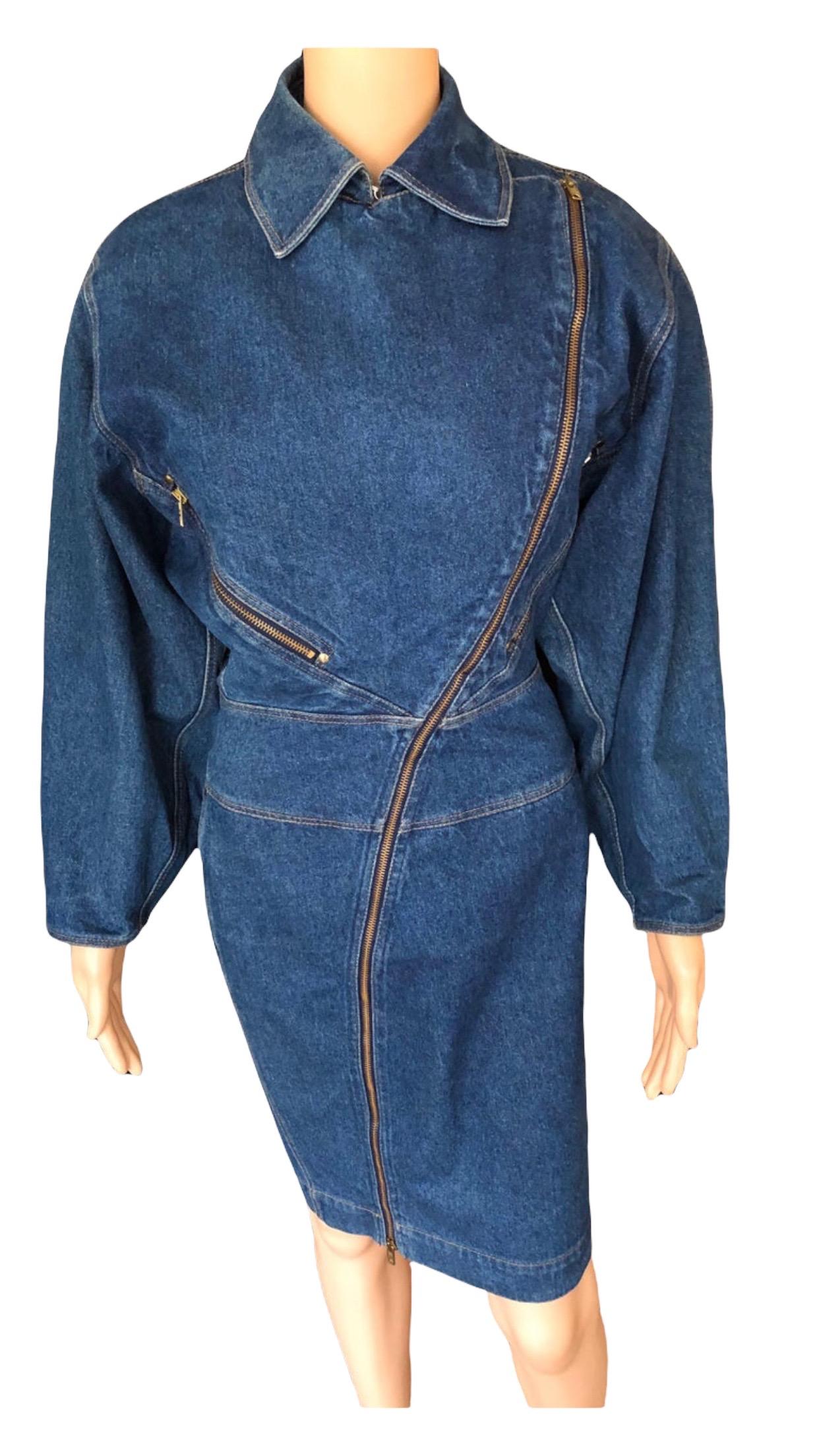 Azzedine Alaia 1980’s Vintage Motorcycle Zipper Denim Coat Dress 9