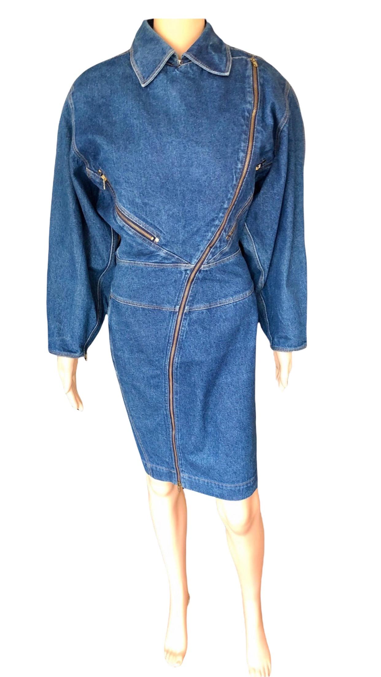 Azzedine Alaia 1980’s Vintage Motorcycle Zipper Denim Coat Dress 10