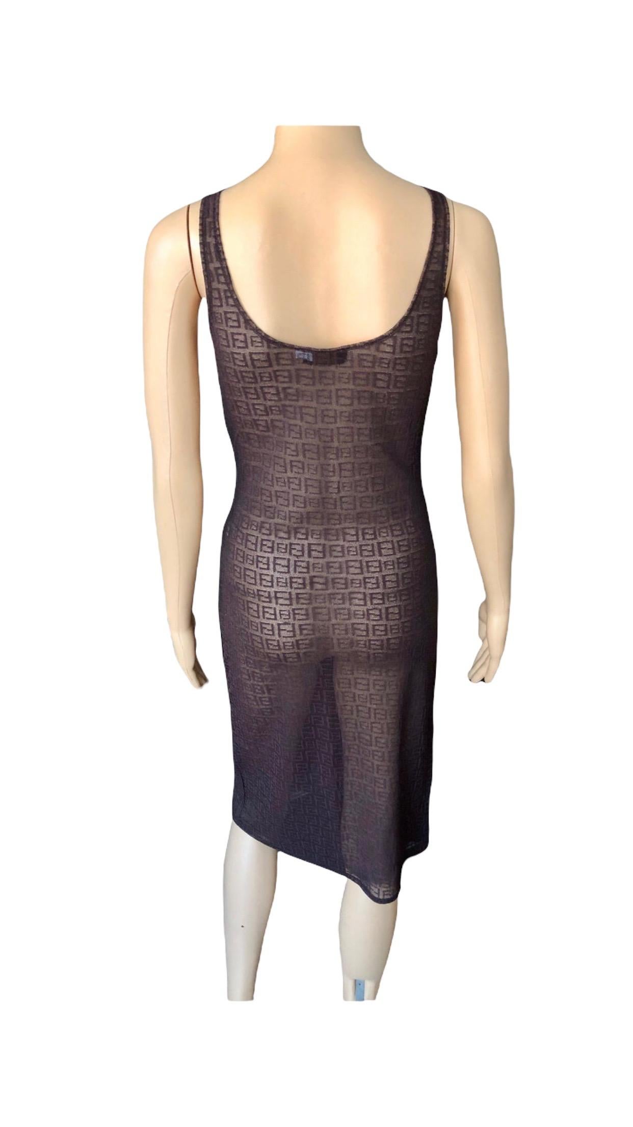 Fendi 1990's Vintage Zucca Monogram Sheer Mesh Knit Brown Dress For Sale 2