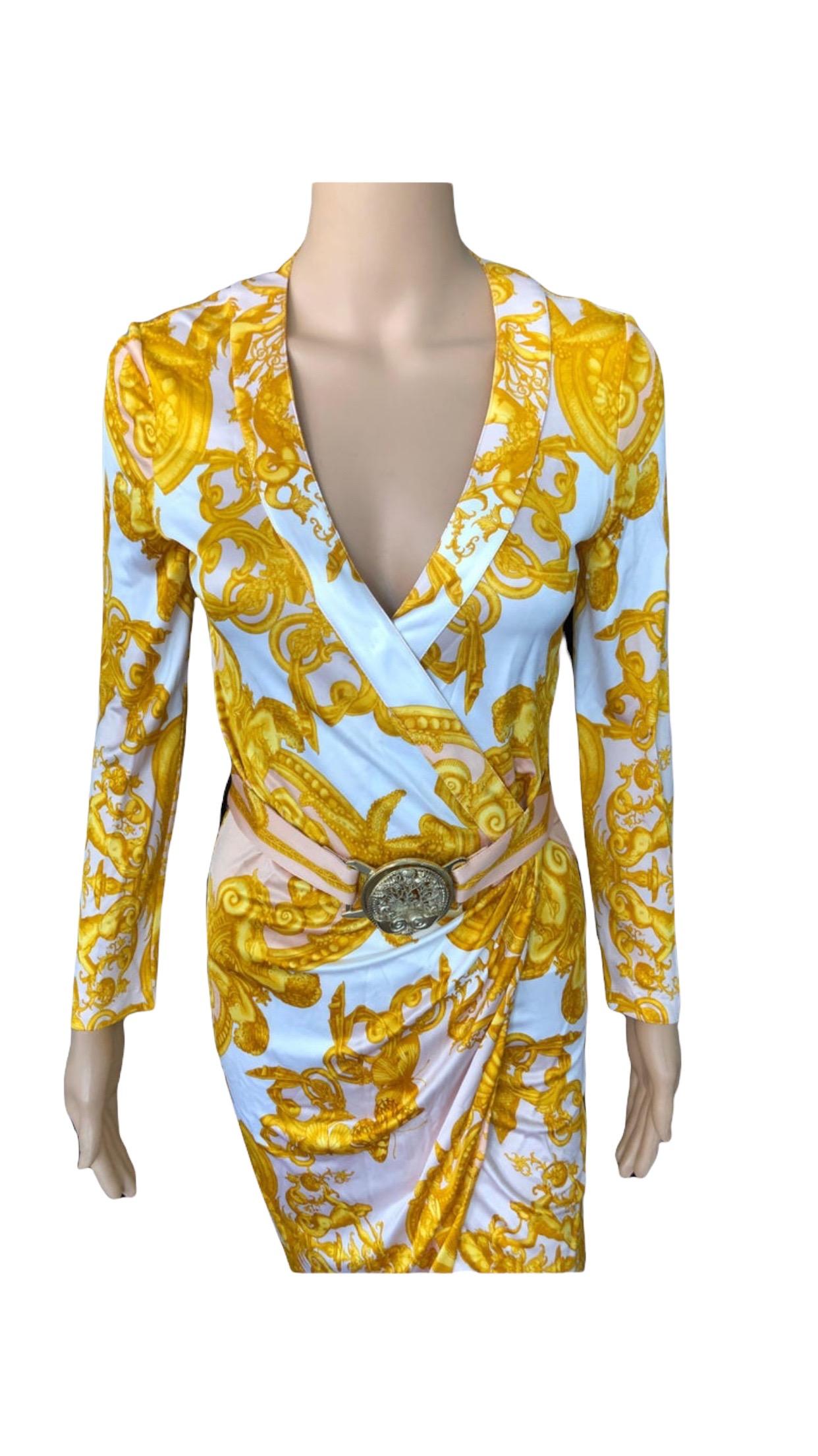 Versace S/S 2005 Runway Baroque Print Belted Wrap Dress In Excellent Condition For Sale In Naples, FL
