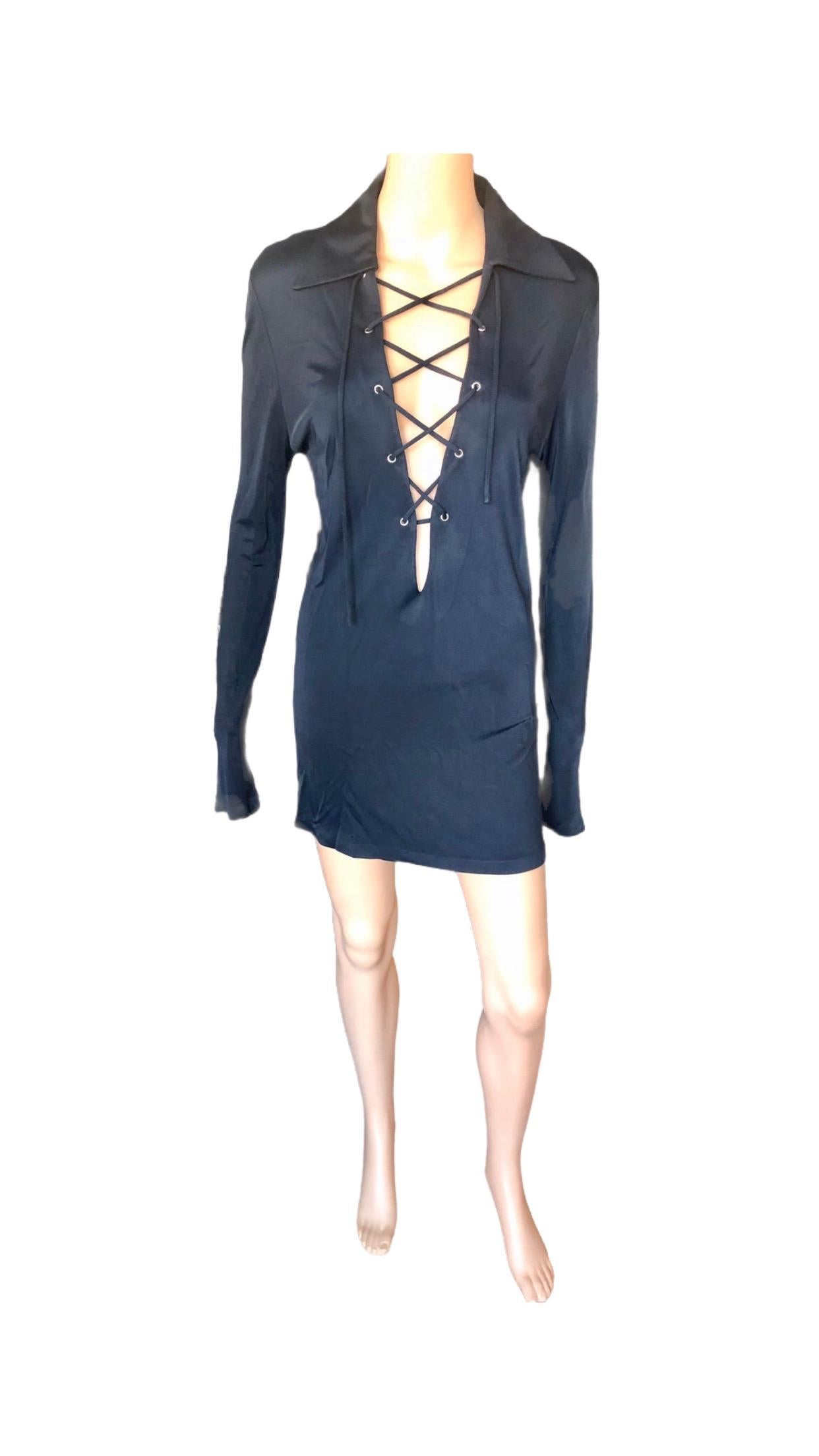 Tom Ford for Gucci S/S 1996 Plunging Lace-Up Black Tunic Micro Mini Dress 4