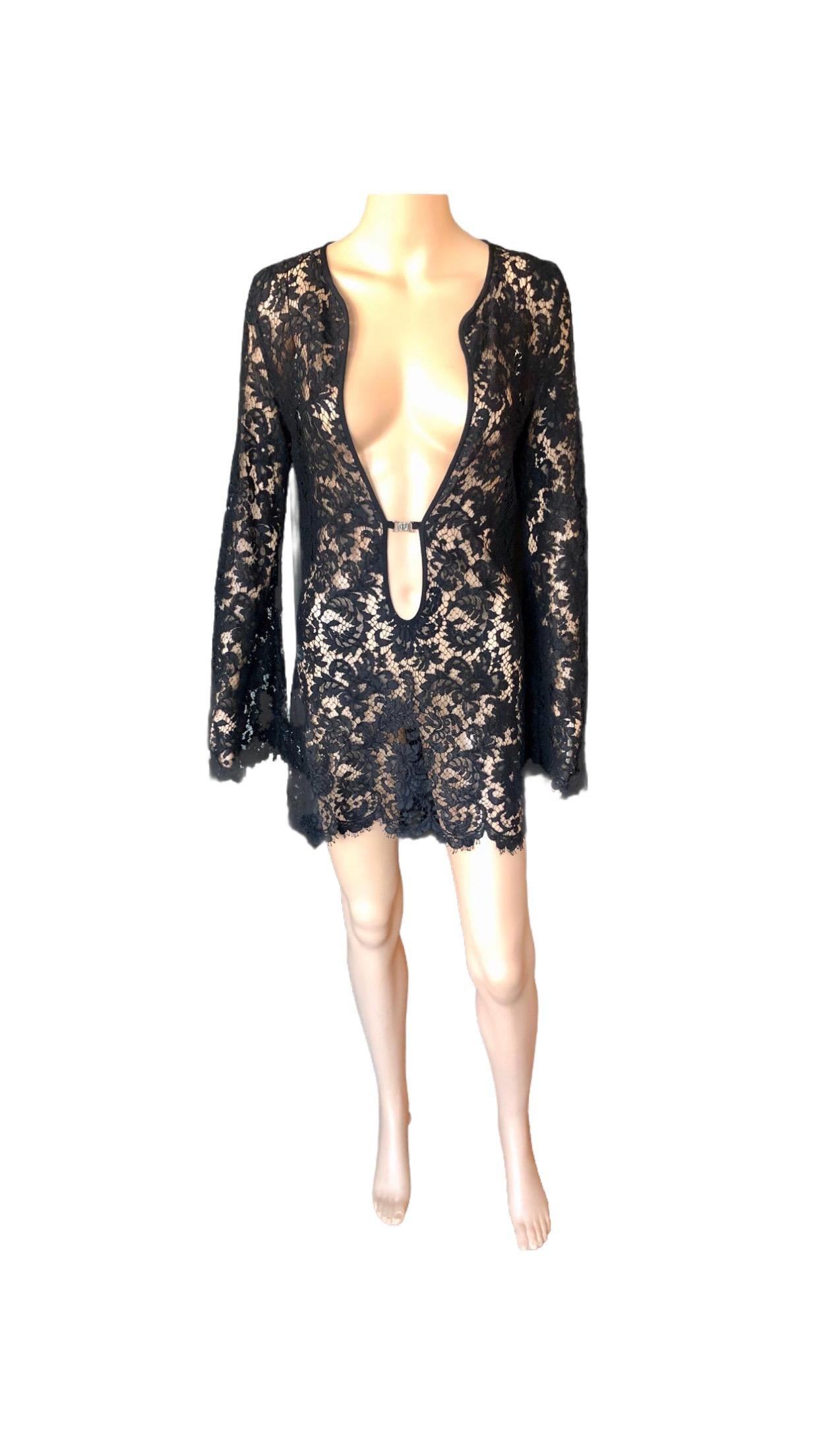 Tom Ford for Gucci S/S 1996 Runway Plunging Sheer Lace Black Tunic Mini Dress 1