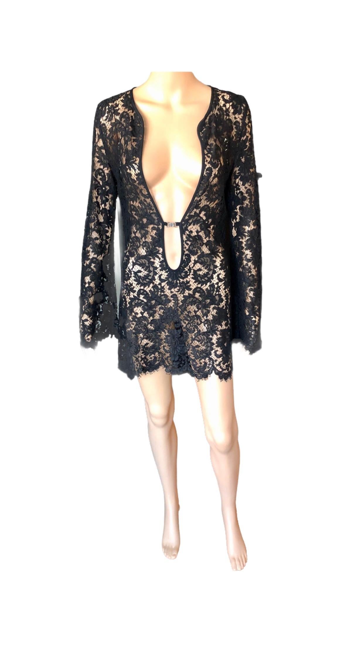 Tom Ford for Gucci S/S 1996 Runway Plunging Sheer Lace Black Tunic Mini Dress 2