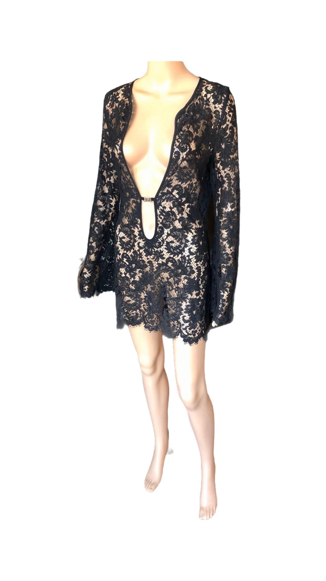 Tom Ford for Gucci S/S 1996 Runway Plunging Sheer Lace Black Tunic Mini Dress 3