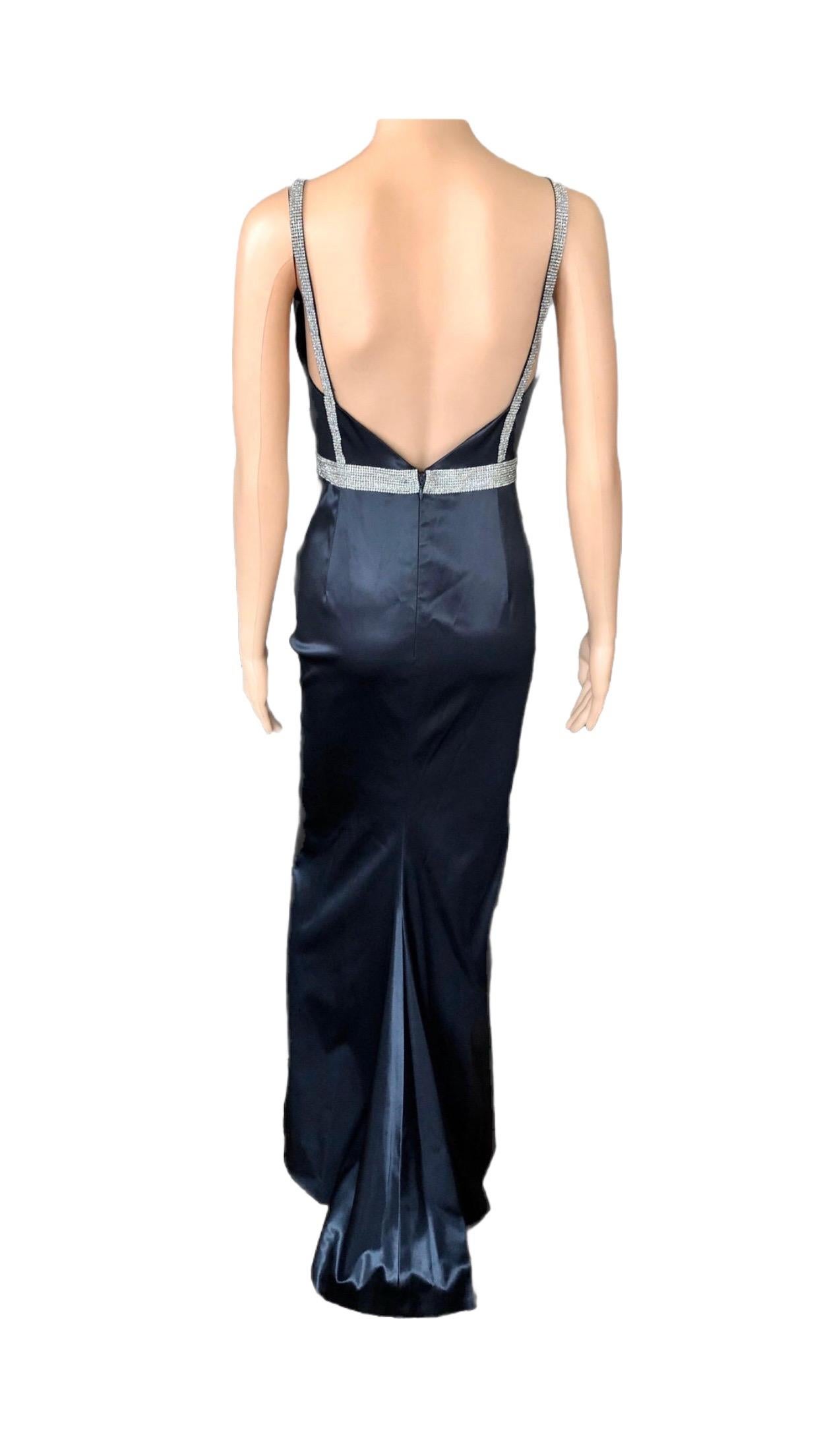 Women's Dolce & Gabbana S/S 2004 Embellished Crystal Belt Satin Black Evening Dress Gown For Sale