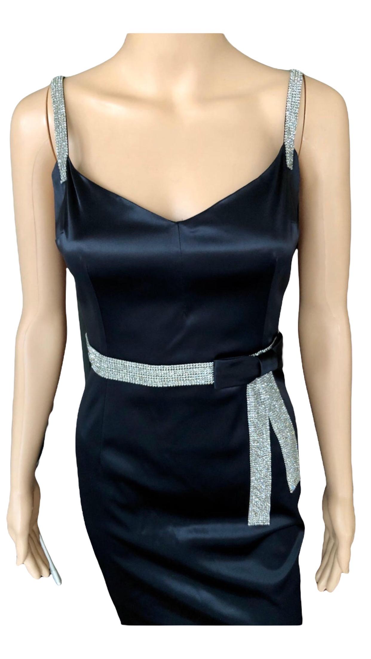 Dolce & Gabbana S/S 2004 Embellished Crystal Belt Satin Black Evening Dress Gown For Sale 1
