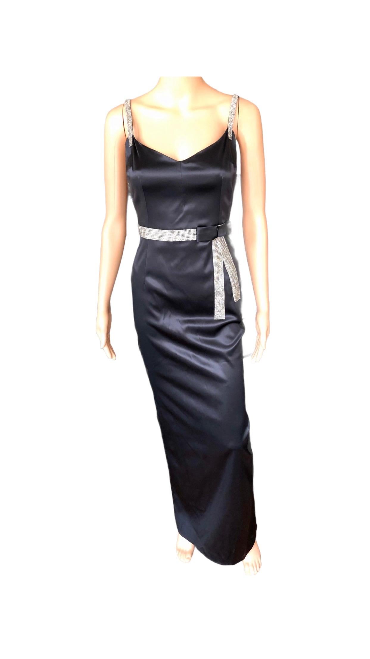 Dolce & Gabbana S/S 2004 Embellished Crystal Belt Satin Black Evening Dress Gown For Sale 2
