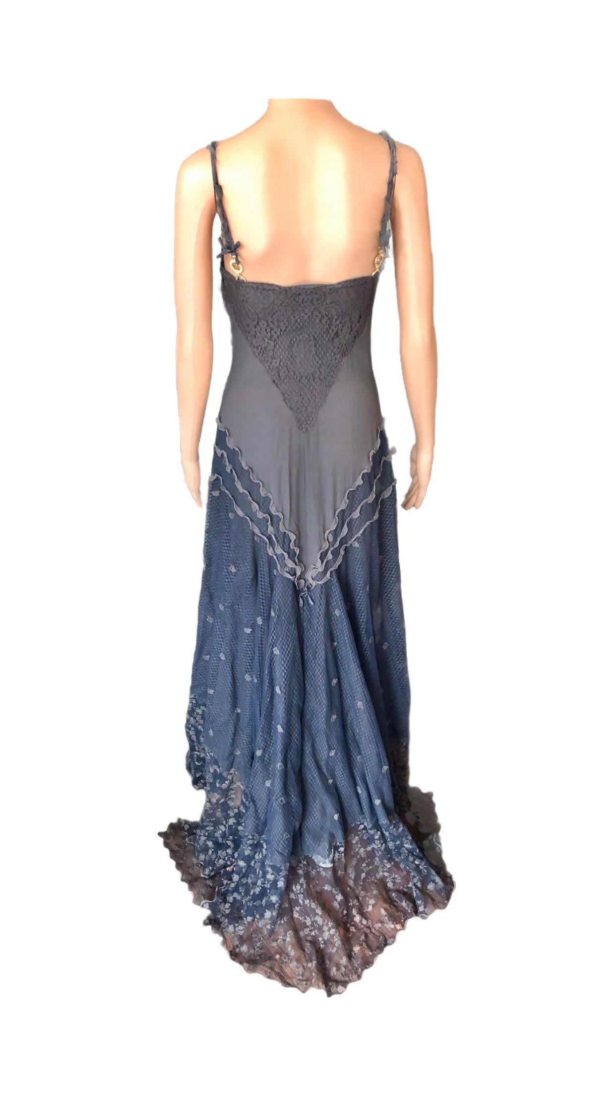 Gianni Versace S/S 1997 Runway Sheer Lace Panels Grey Evening Dress Gown For Sale 10