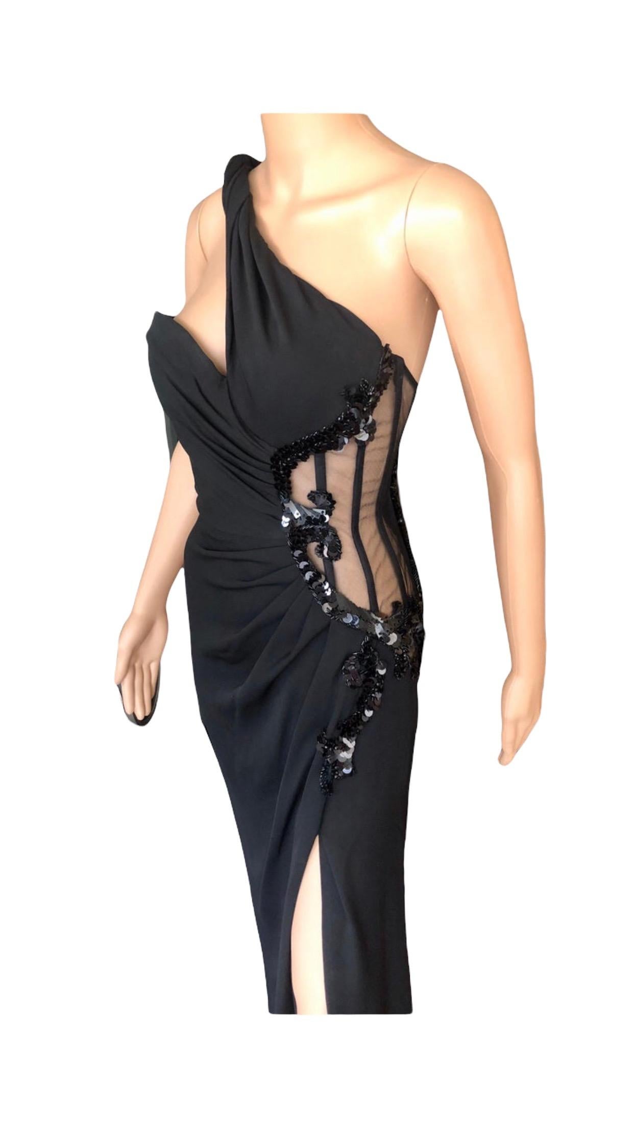 Versace Embellished Bustier Sheer One Shoulder Black Evening Dress Gown  For Sale 3