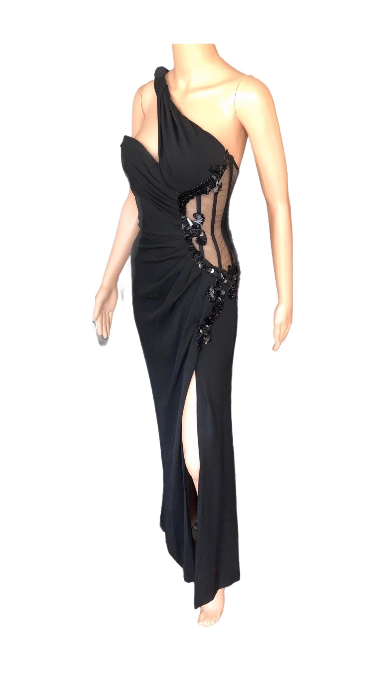 Versace Embellished Bustier Sheer One Shoulder Black Evening Dress Gown  For Sale 4