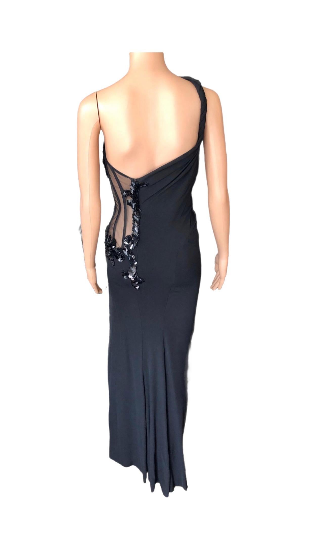 Versace Embellished Bustier Sheer One Shoulder Black Evening Dress Gown  For Sale 9