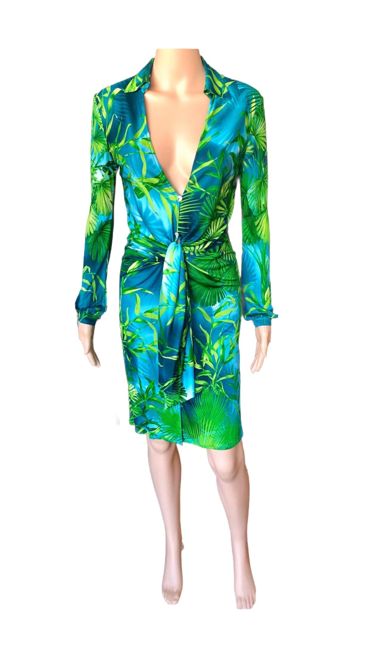 Women's Gianni Versace Runway S/S 2000 Vintage Tropical Print Plunging Neckline Dress