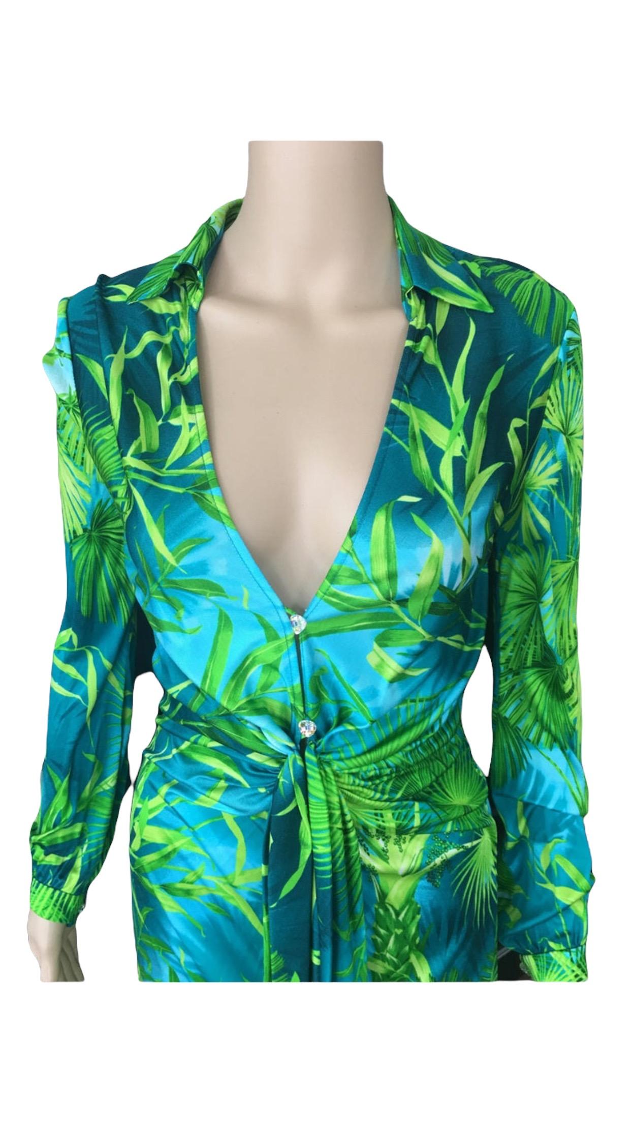 Gianni Versace Runway S/S 2000 Vintage Tropical Print Plunging Neckline Dress 2