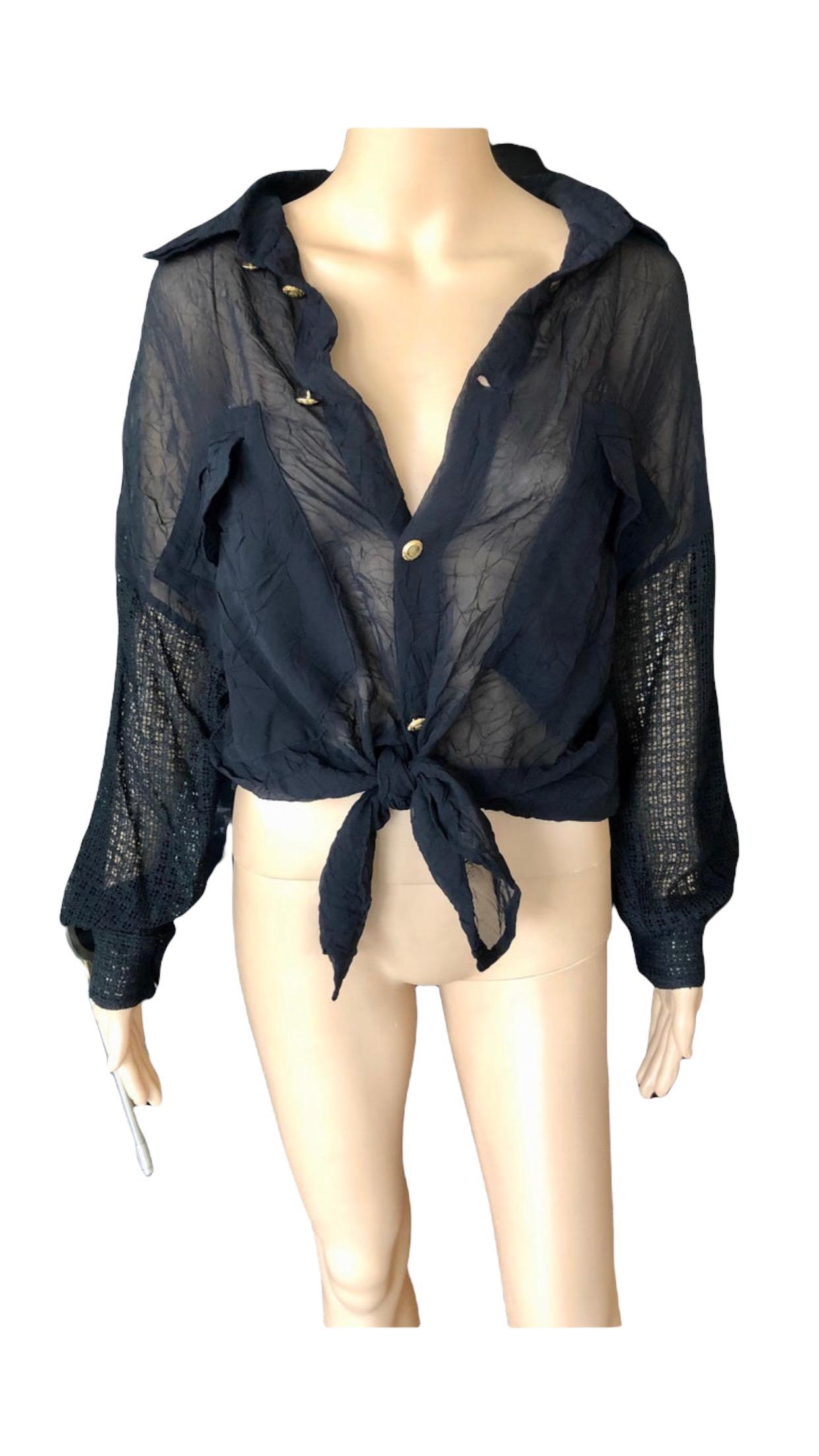Gianni Versace c. 1990 Vintage Sheer Silk Mesh Black Shirt Blouse Top For Sale 5