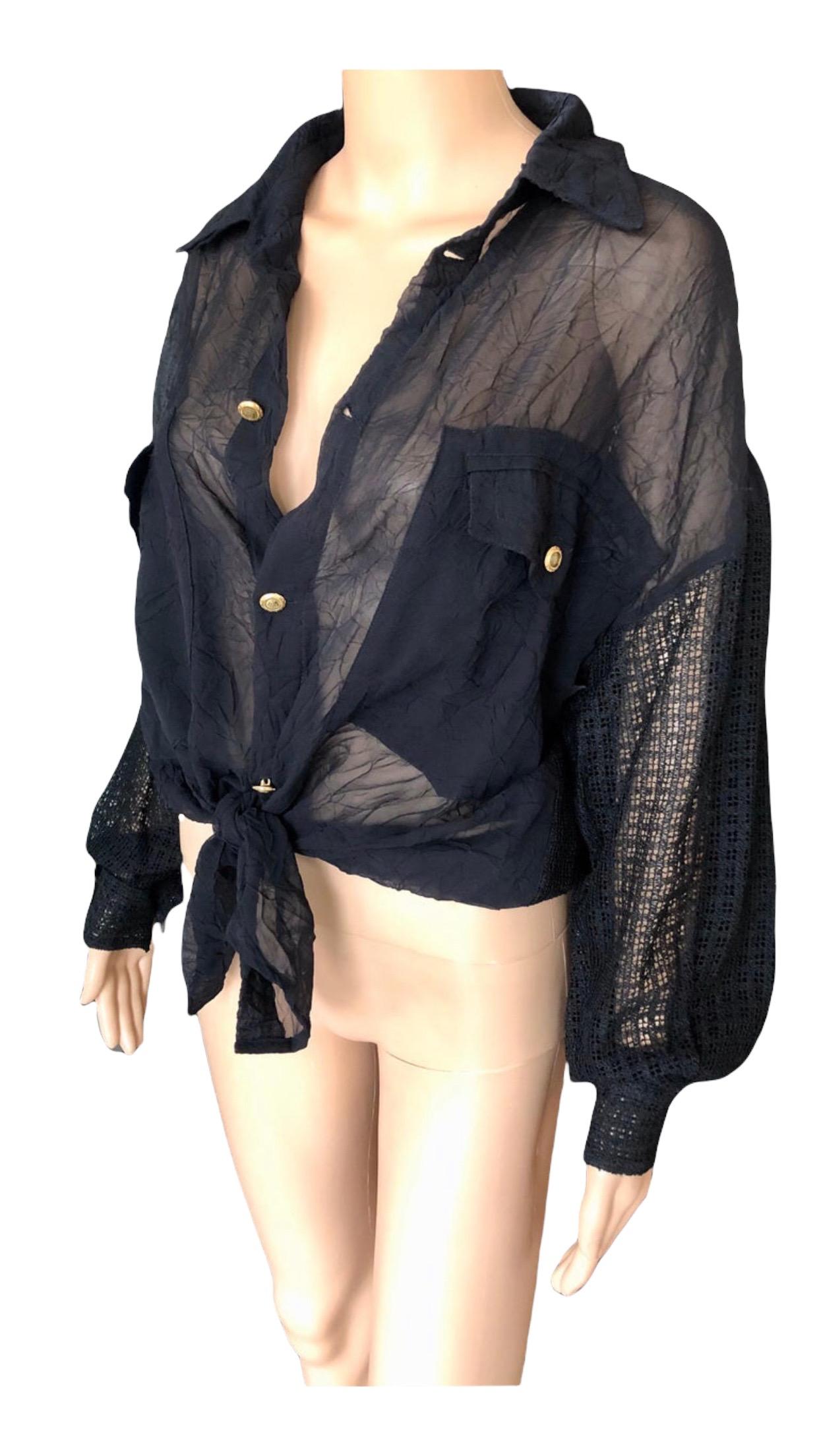 Gianni Versace c. 1990 Vintage Sheer Silk Mesh Black Shirt Blouse Top For Sale 4