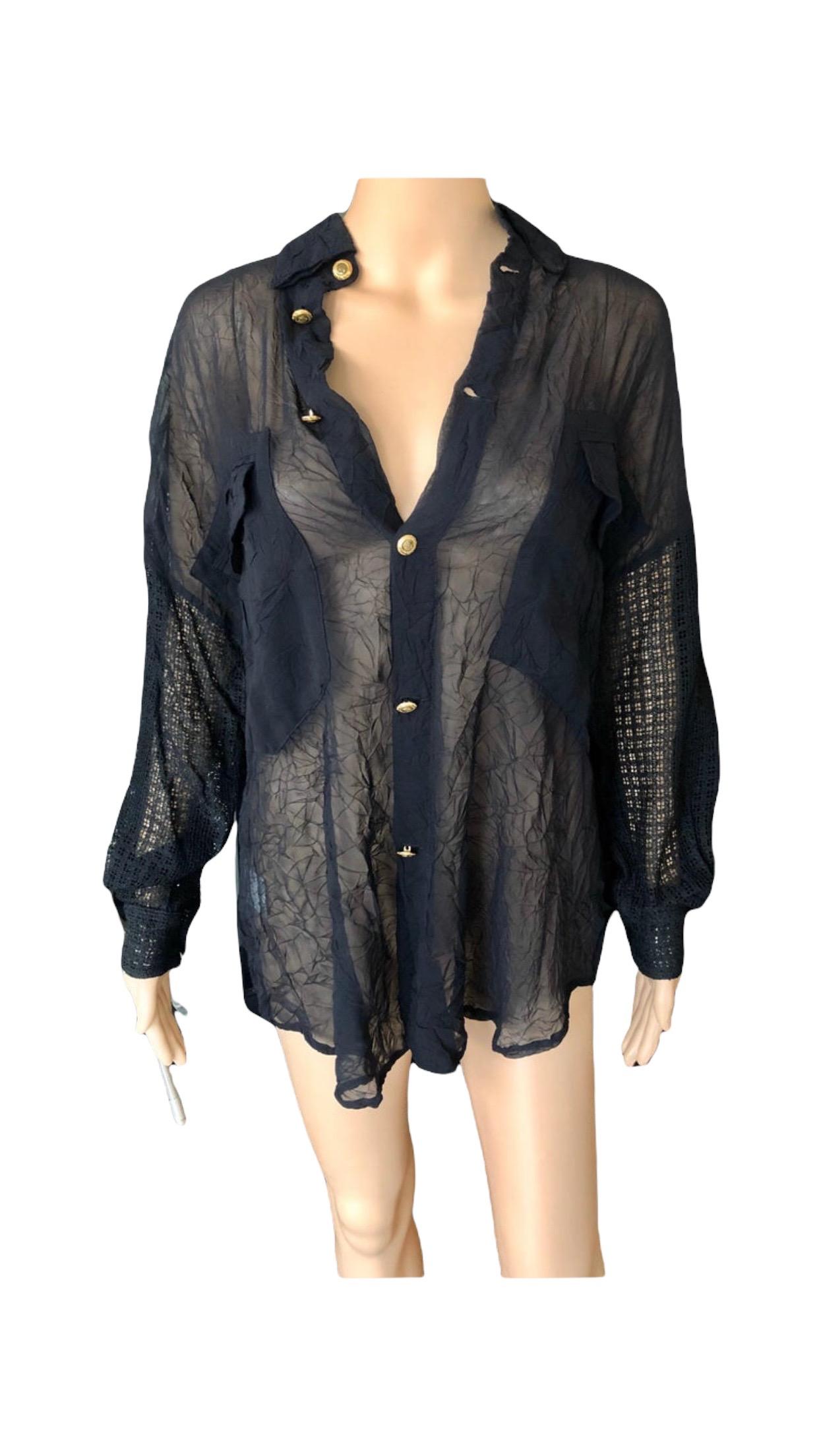 Gianni Versace c. 1990 Vintage Sheer Silk Mesh Black Shirt Blouse Top For Sale 6
