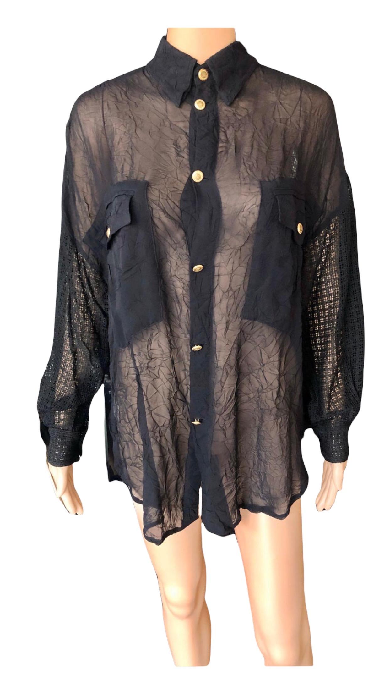 Gianni Versace c. 1990 Vintage Schwarzes Shirt-Bluse-Top aus durchsichtigem Seidennetz im Angebot 12