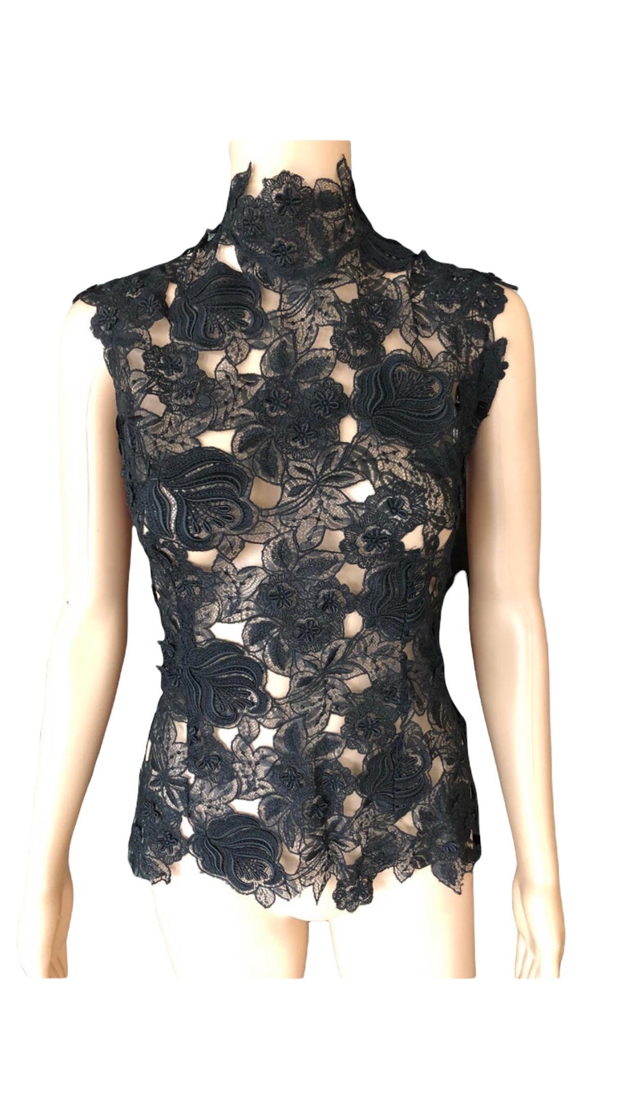 Thierry Mugler Vintage Lace Mock Neck Black Blouse Top 2