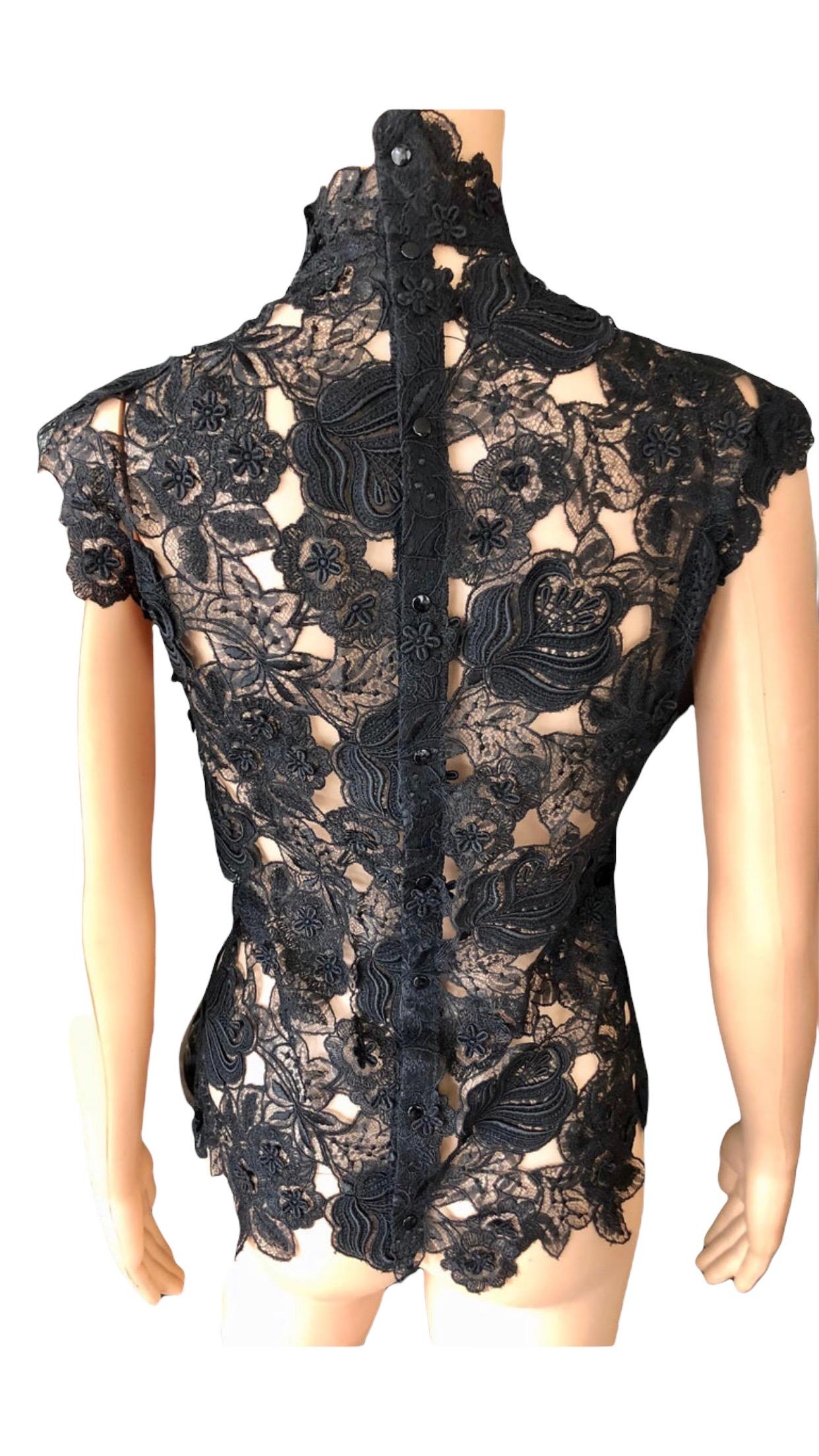 Thierry Mugler Vintage Lace Mock Neck Black Blouse Top 4