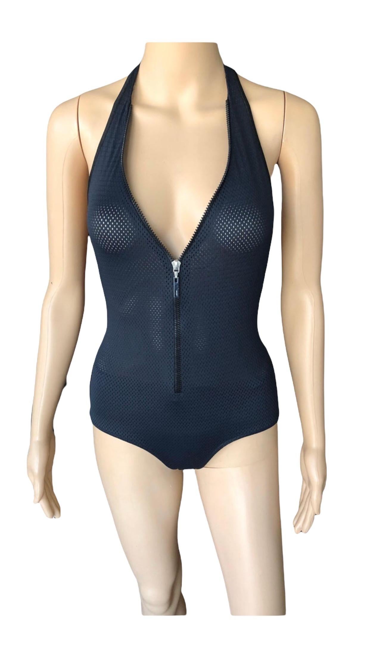 Tom Ford for Gucci S/S 2002 Unworn Mesh Zipper Plunging Neckline Black Bodysuit For Sale 5