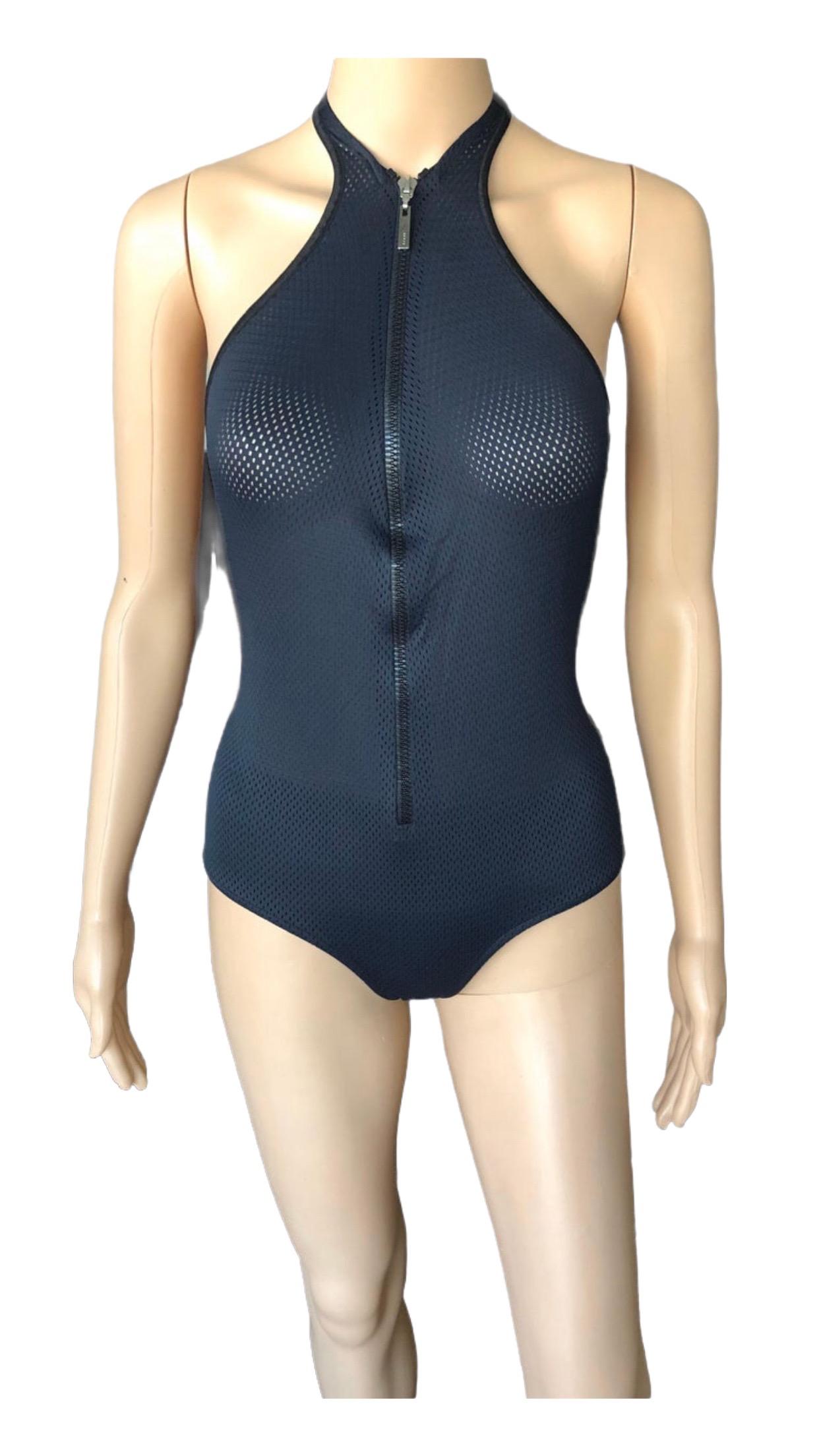 Tom Ford for Gucci S/S 2002 Unworn Mesh Zipper Plunging Neckline Black Bodysuit For Sale 6