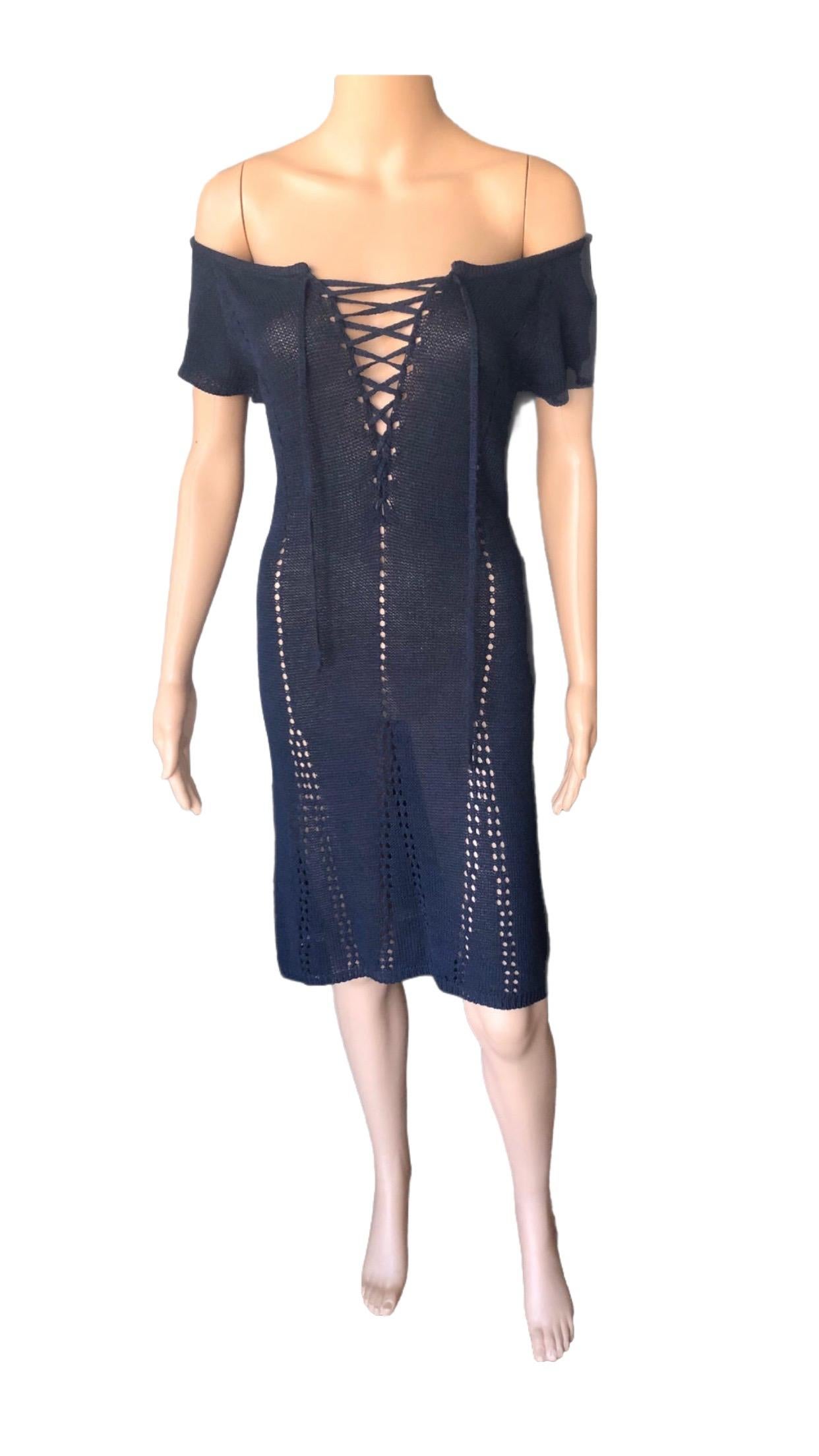 Tom Ford for Gucci S/S 1995 Vintage Lace Up Off Shoulder Crochet Knit Dress For Sale 4