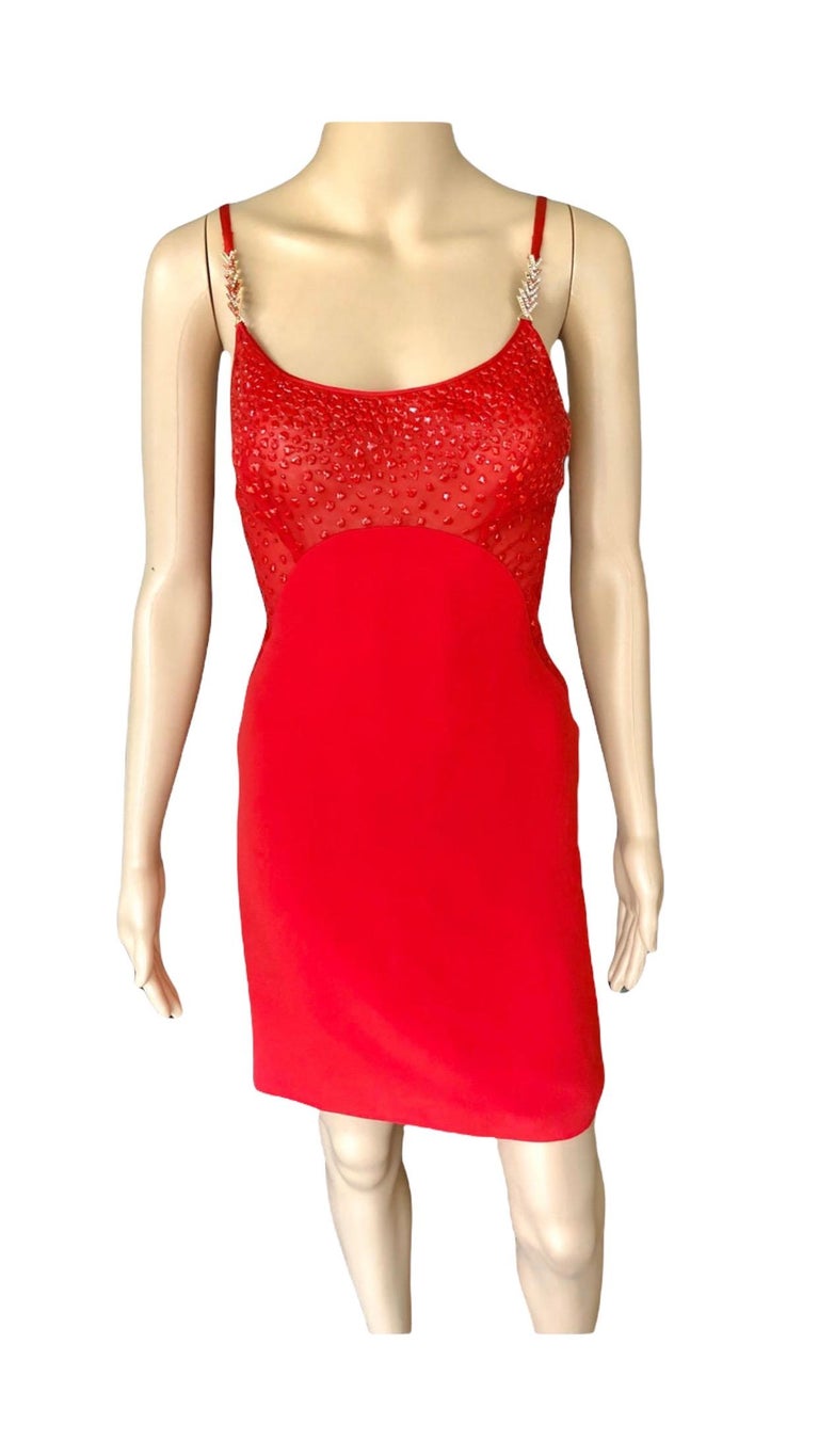 Gianni Versace F/W 1996 Runway Vintage Embellished Sheer Red Evening Mini Dress  For Sale 8