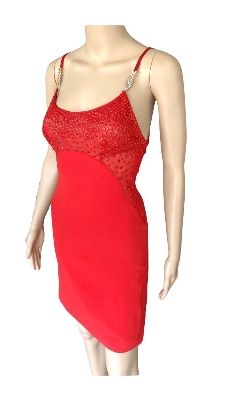 Gianni Versace F/W 1996 Runway Vintage Embellished Sheer Red Evening Mini Dress  For Sale 12