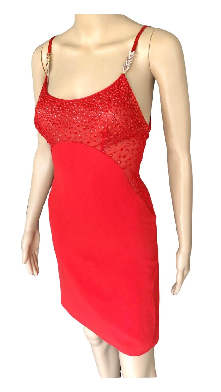 Gianni Versace F/W 1996 Runway Vintage Embellished Sheer Red Evening Mini Dress  For Sale 13