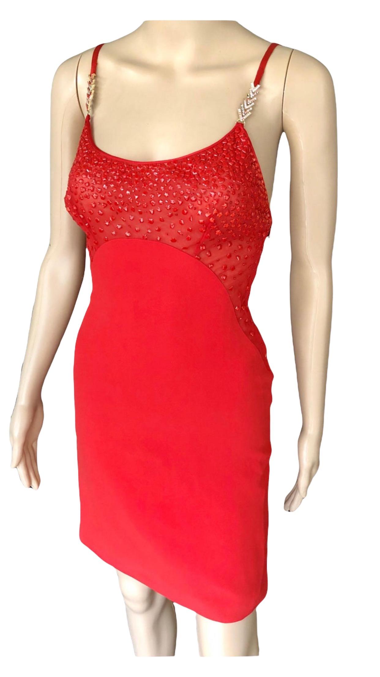 Gianni Versace F/W 1996 Runway Vintage Embellished Sheer Red Evening Mini Dress  For Sale 11