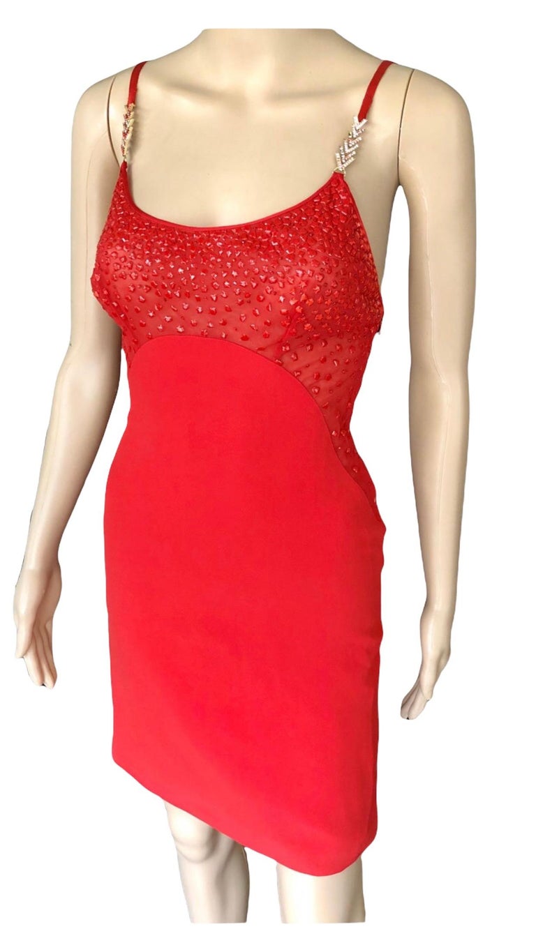 Gianni Versace F/W 1996 Runway Vintage Embellished Sheer Red Evening Mini Dress  For Sale 14